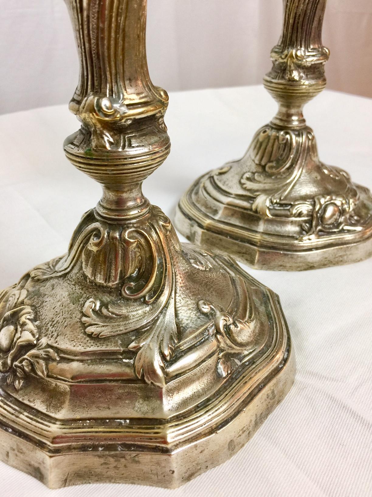 French, Pair of Silvered Bronze Louis XV Style Candlesticks For Sale 1