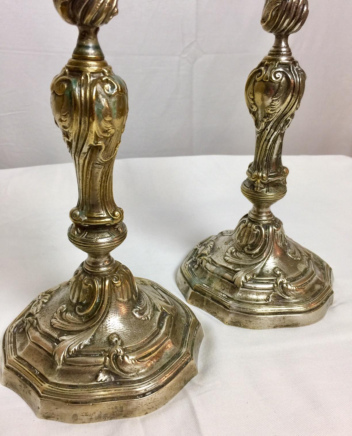 French, Pair of Silvered Bronze Louis XV Style Candlesticks For Sale 2