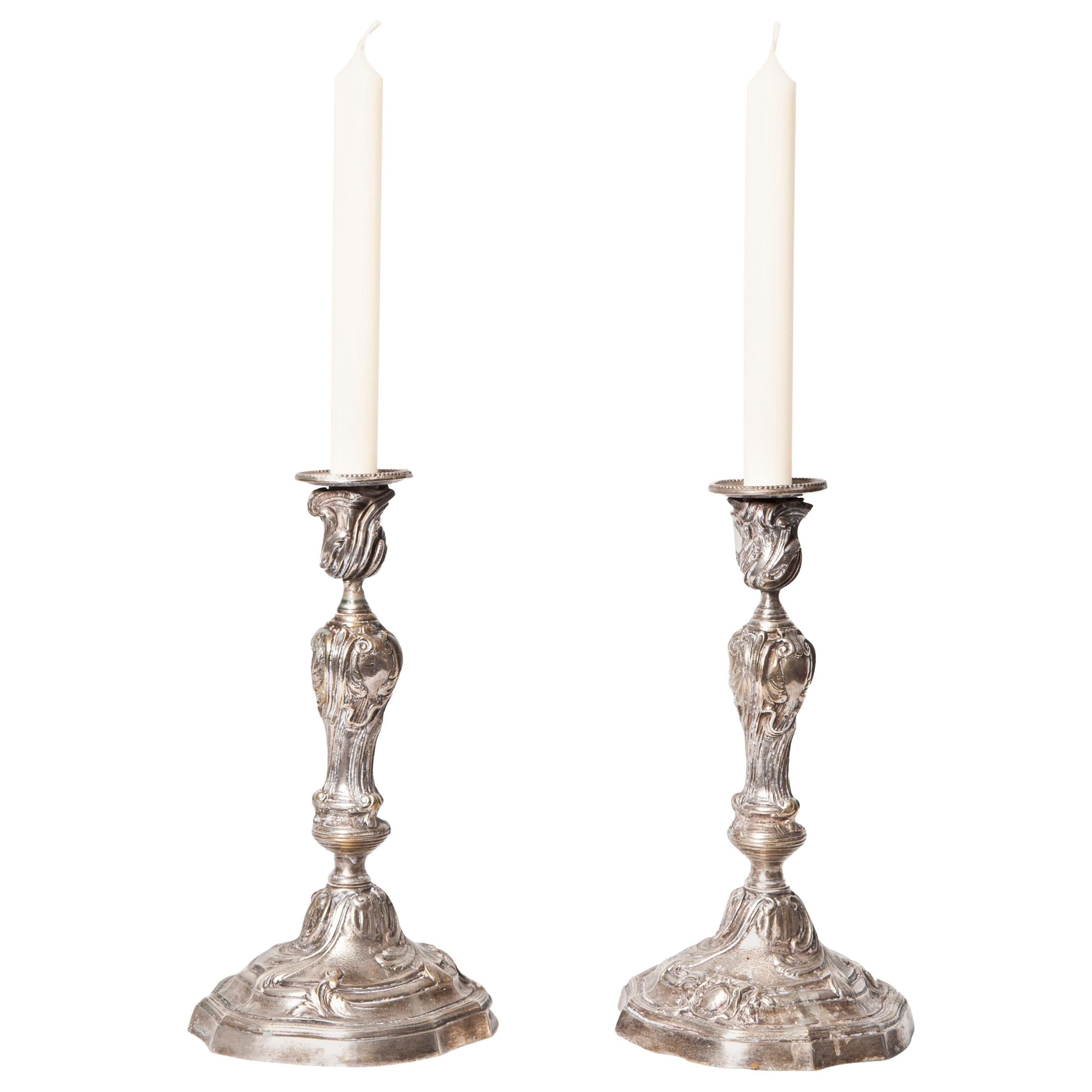 French, Pair of Silvered Bronze Louis XV Style Candlesticks