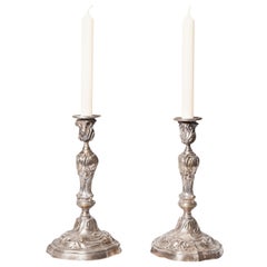 Antique French, Pair of Silvered Bronze Louis XV Style Candlesticks