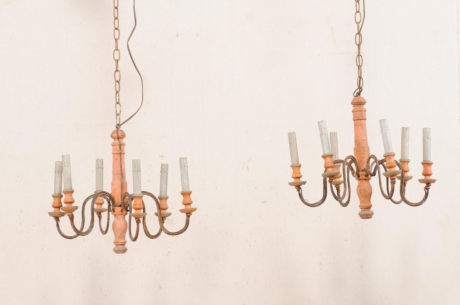 French Pair of Six-Light Wood Column Chandeliers with Iron Arms, Wired for US In Good Condition In Atlanta, GA