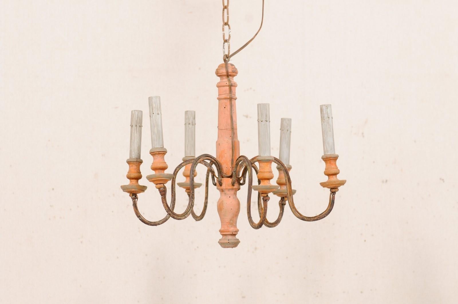 20th Century French Pair of Six-Light Wood Column Chandeliers with Iron Arms, Wired for US
