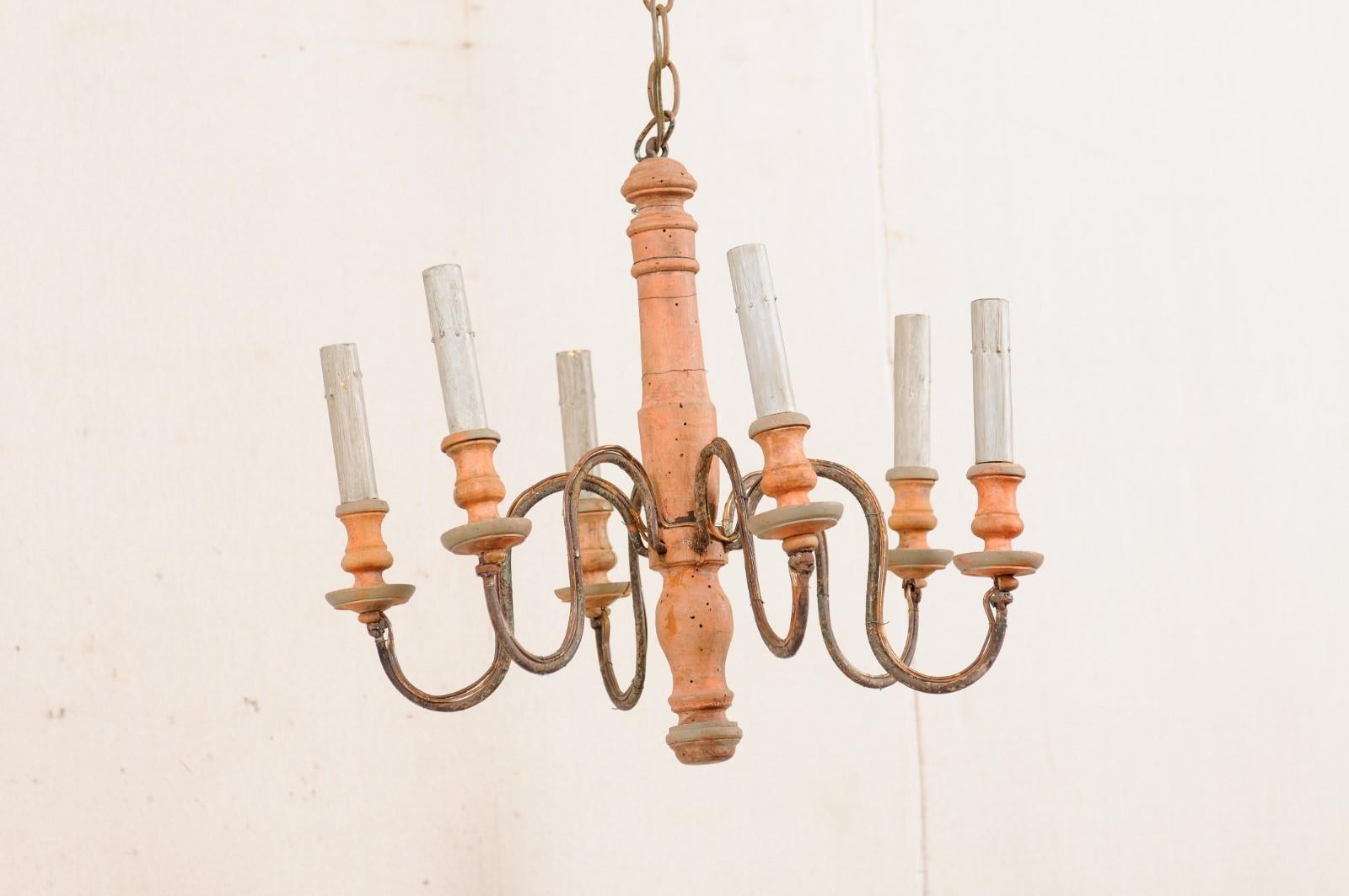 French Pair of Six-Light Wood Column Chandeliers with Iron Arms, Wired for US 1