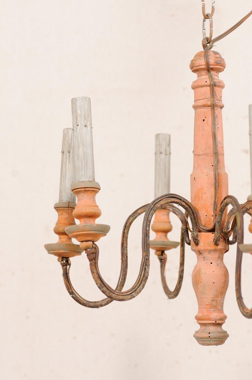 French Pair of Six-Light Wood Column Chandeliers with Iron Arms, Wired for US 2