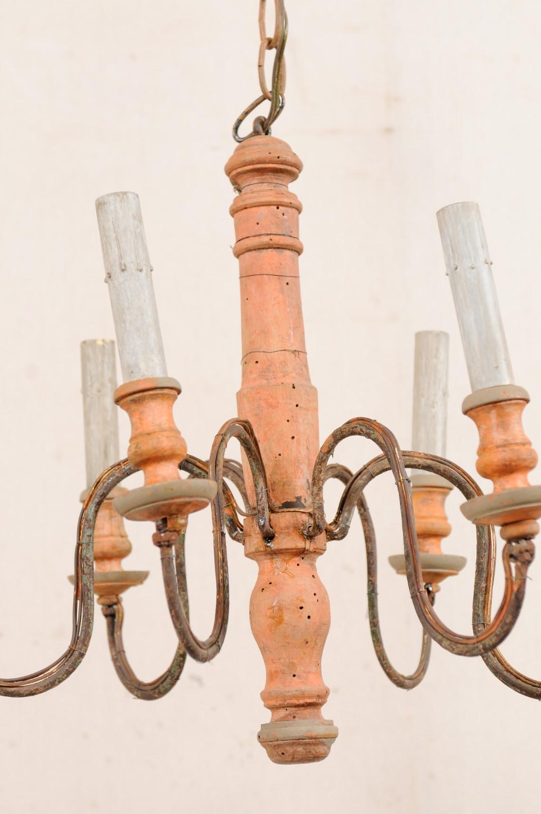 French Pair of Six-Light Wood Column Chandeliers with Iron Arms, Wired for US 3