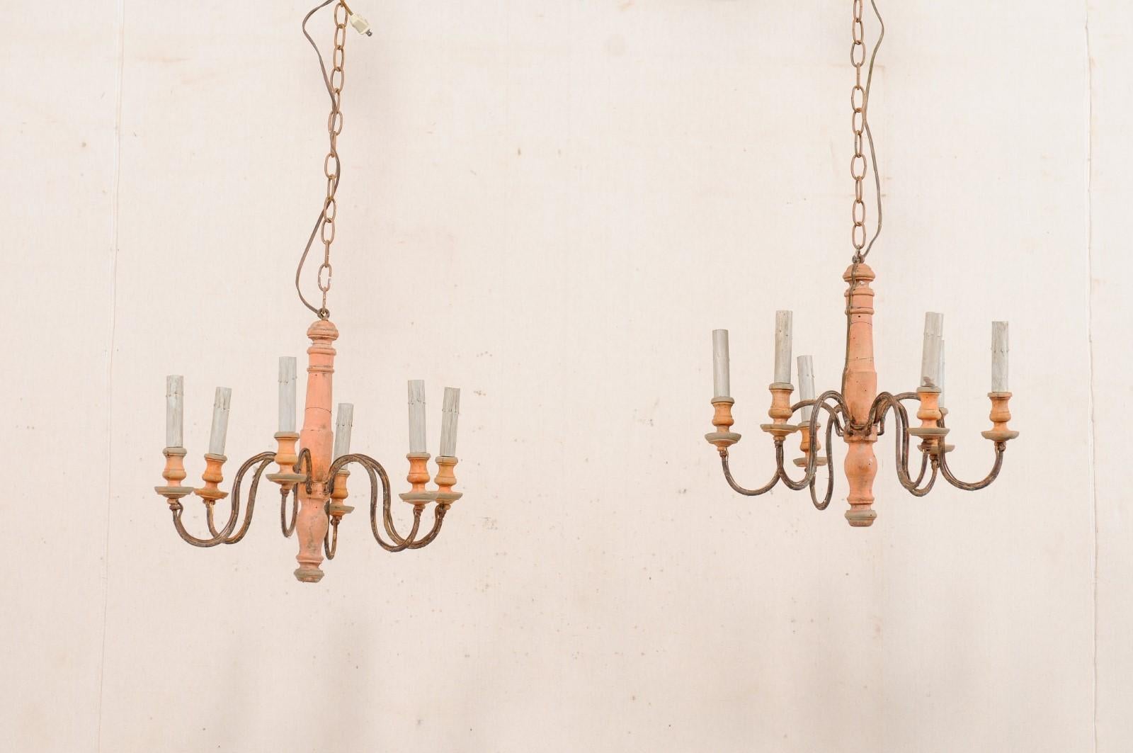 French Pair of Six-Light Wood Column Chandeliers with Iron Arms, Wired for US 4