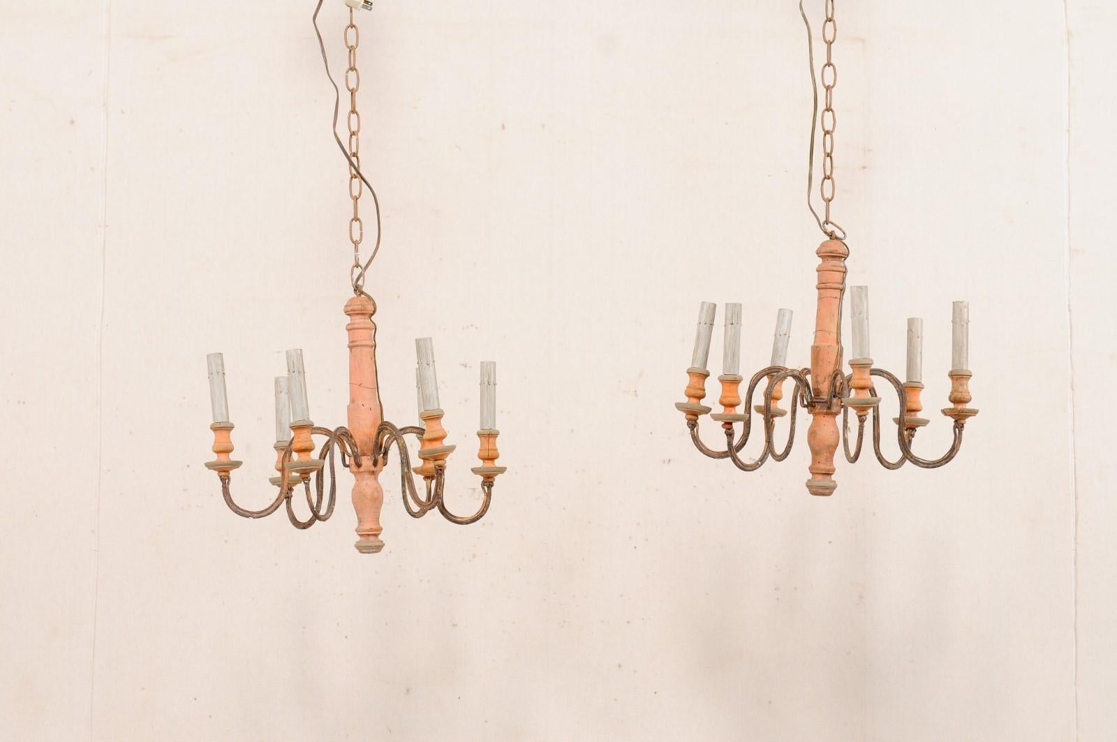 French Pair of Six-Light Wood Column Chandeliers with Iron Arms, Wired for US 5