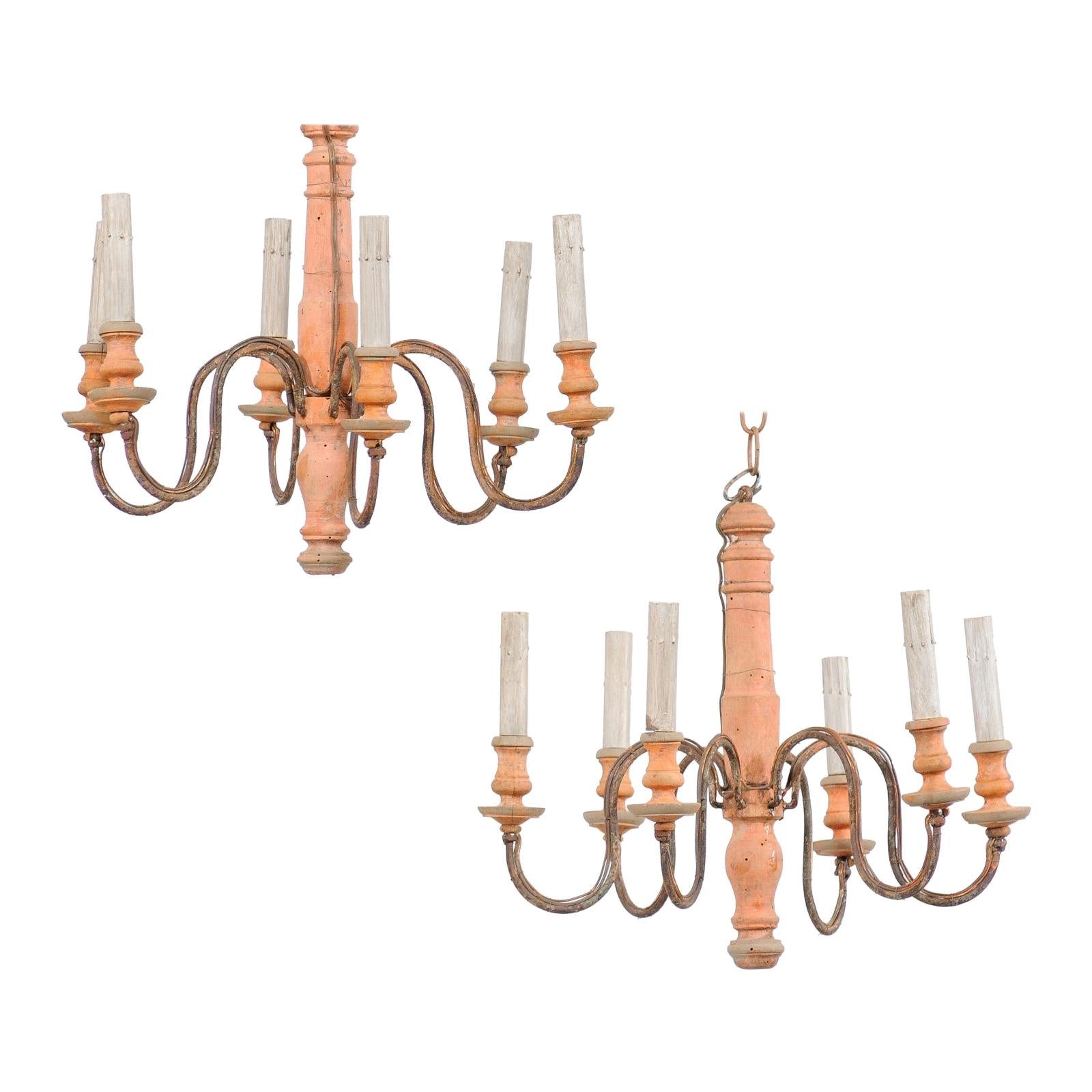 French Pair of Six-Light Wood Column Chandeliers with Iron Arms, Wired for US