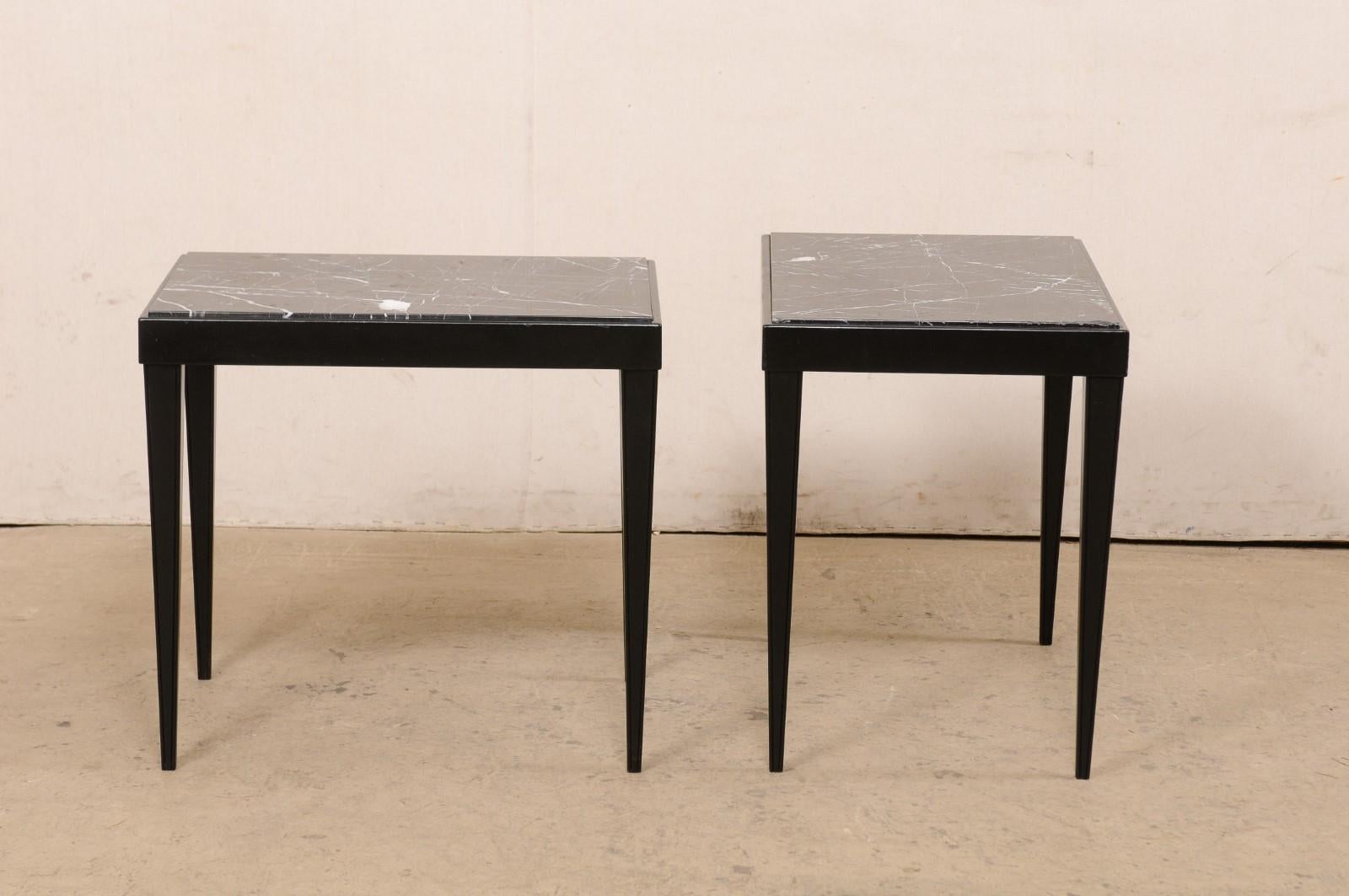French Pair of Sleek Black Marble Top Side Tables, Mid-Century 6