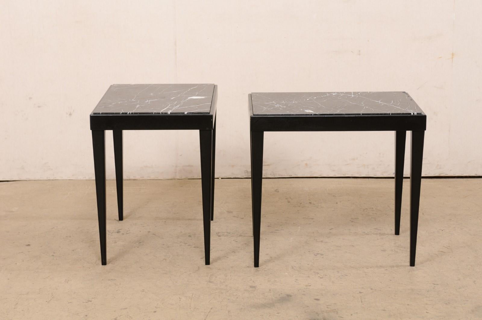 French Pair of Sleek Black Marble Top Side Tables, Mid-Century 7