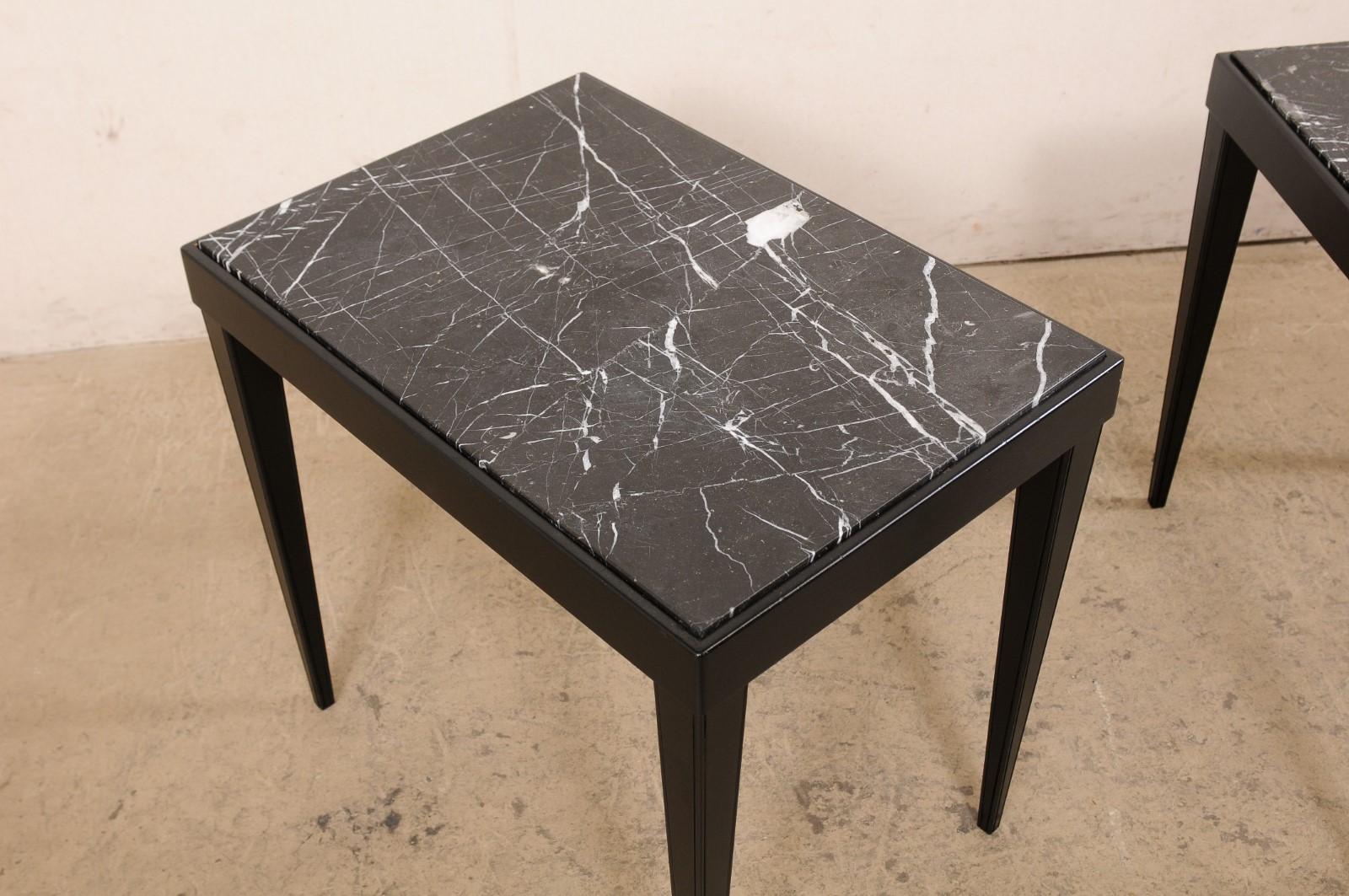 French Pair of Sleek Black Marble Top Side Tables, Mid-Century In Good Condition For Sale In Atlanta, GA