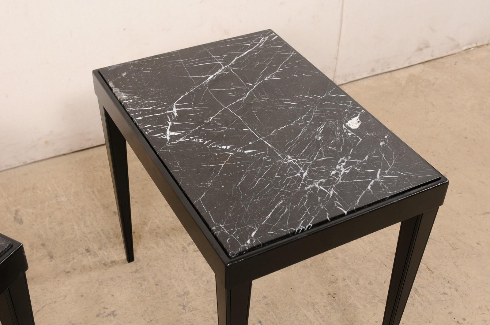 20th Century French Pair of Sleek Black Marble Top Side Tables, Mid-Century For Sale