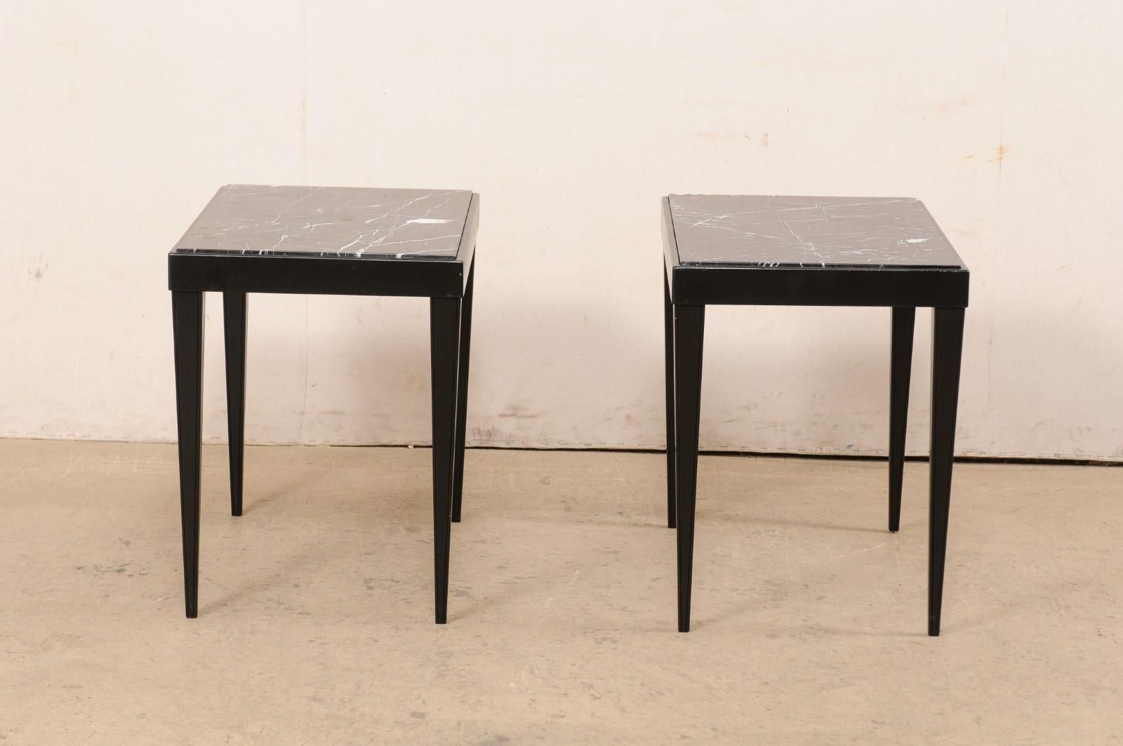 French Pair of Sleek Black Marble Top Side Tables, Mid-Century For Sale 2