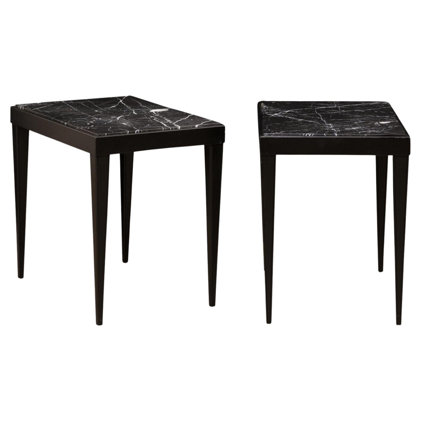 French Pair of Sleek Black Marble Top Side Tables, Mid-Century