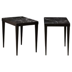 French Pair of Sleek Black Marble Top Side Tables, Mid-Century