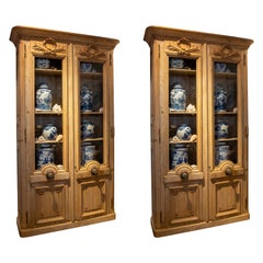 solid wood display unit French Pair of Solid Wood Display Cabinets with Bronze and Marble Handles