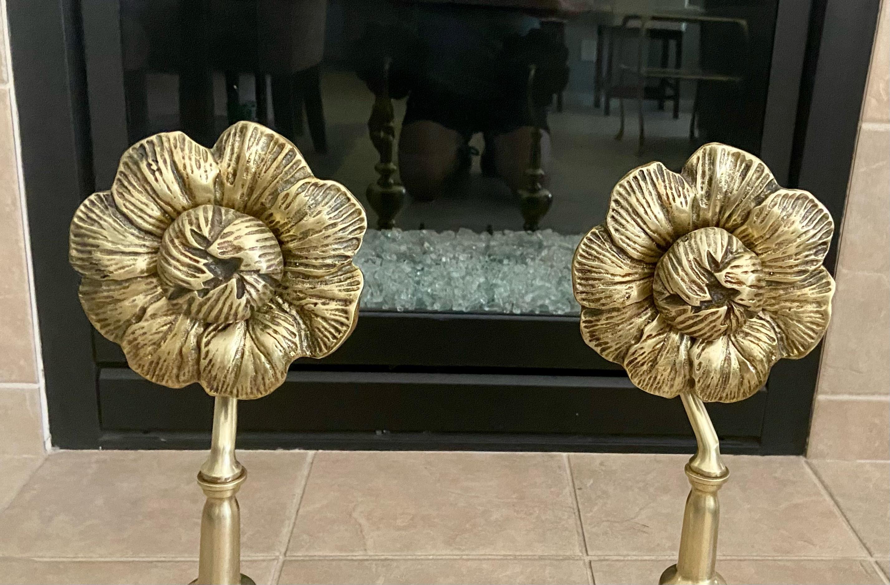 French Pair of Sunflower Midcentury Brass Andirons 8