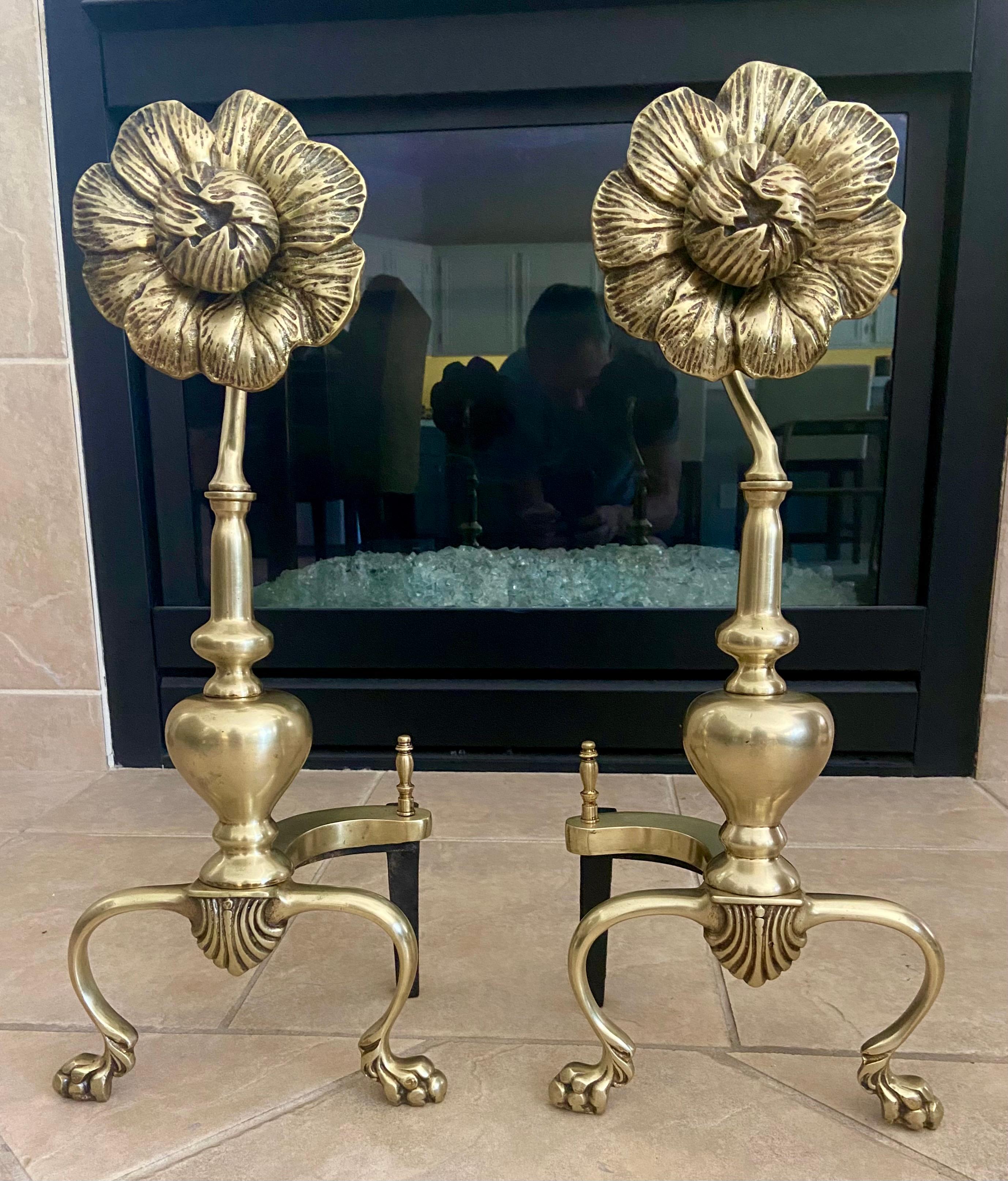 French Pair of Sunflower Midcentury Brass Andirons 11