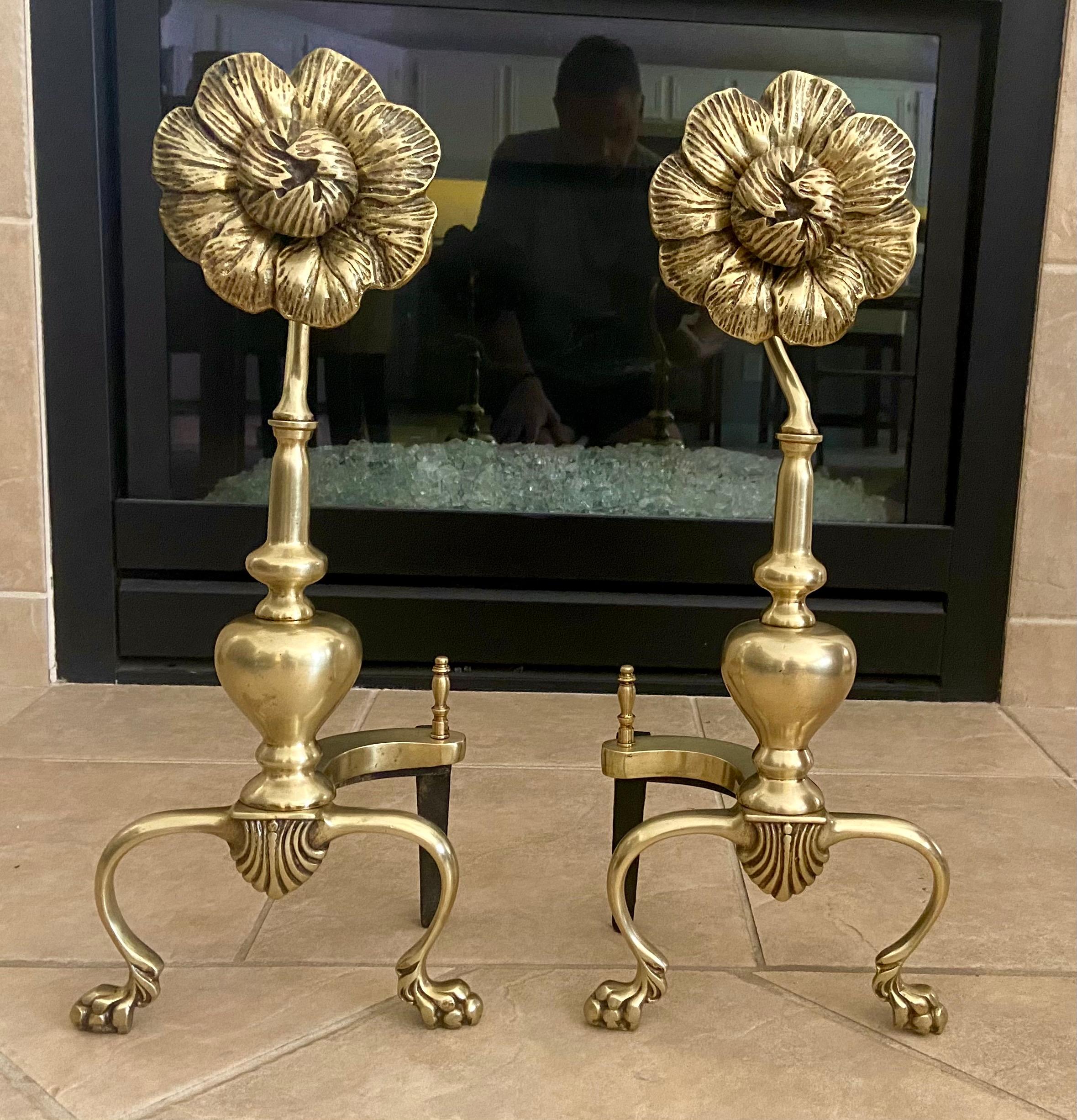 French Pair of Sunflower Midcentury Brass Andirons In Good Condition In Palm Springs, CA