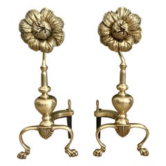 Retro French Pair of Sunflower Midcentury Brass Andirons