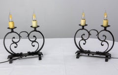 French Pair of Table Lamps Wrought Iron, Mid-Century