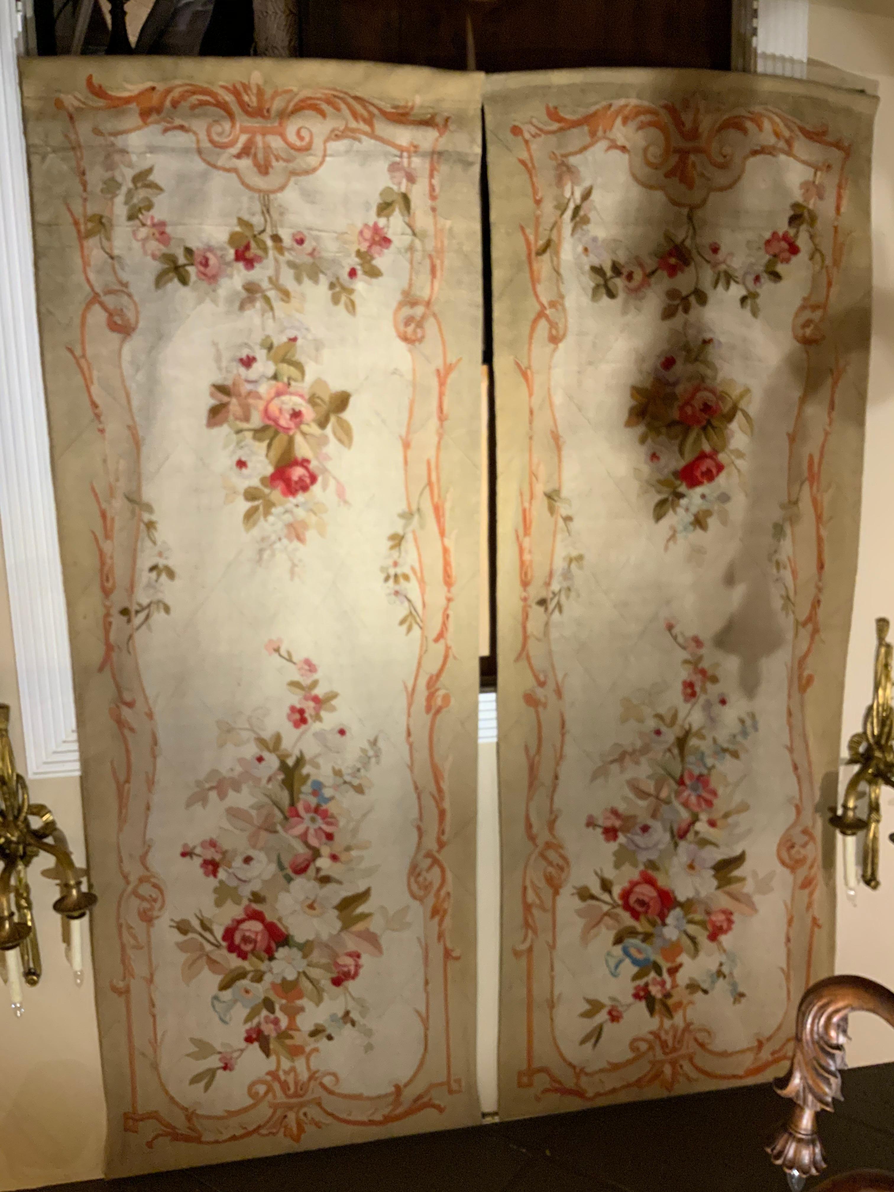 Hand-Crafted French Pair of Tall Aubusson Woven Tapestries, 19th Century Floral Design For Sale