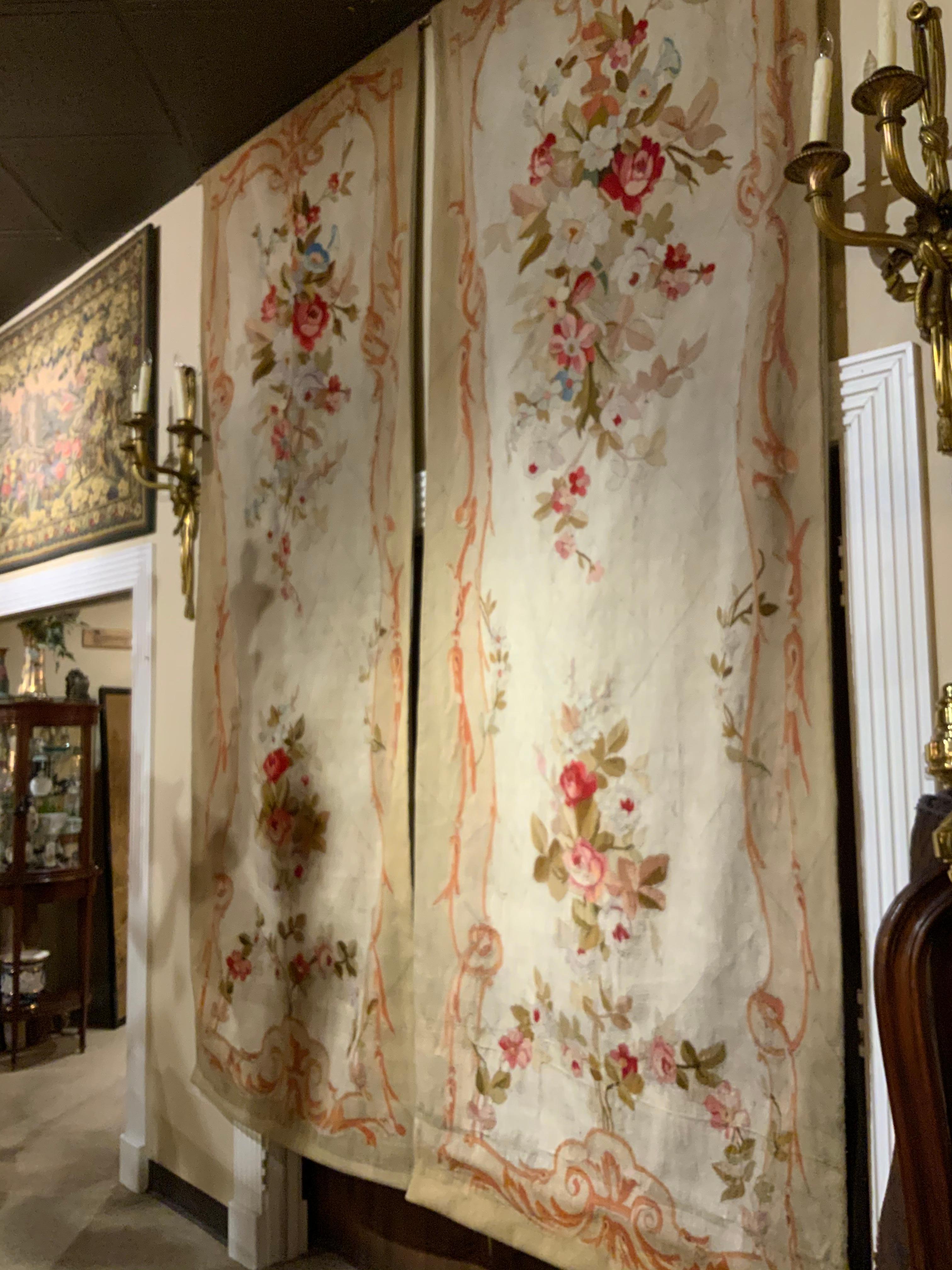 French Pair of Tall Aubusson Woven Tapestries, 19th Century Floral Design For Sale 1