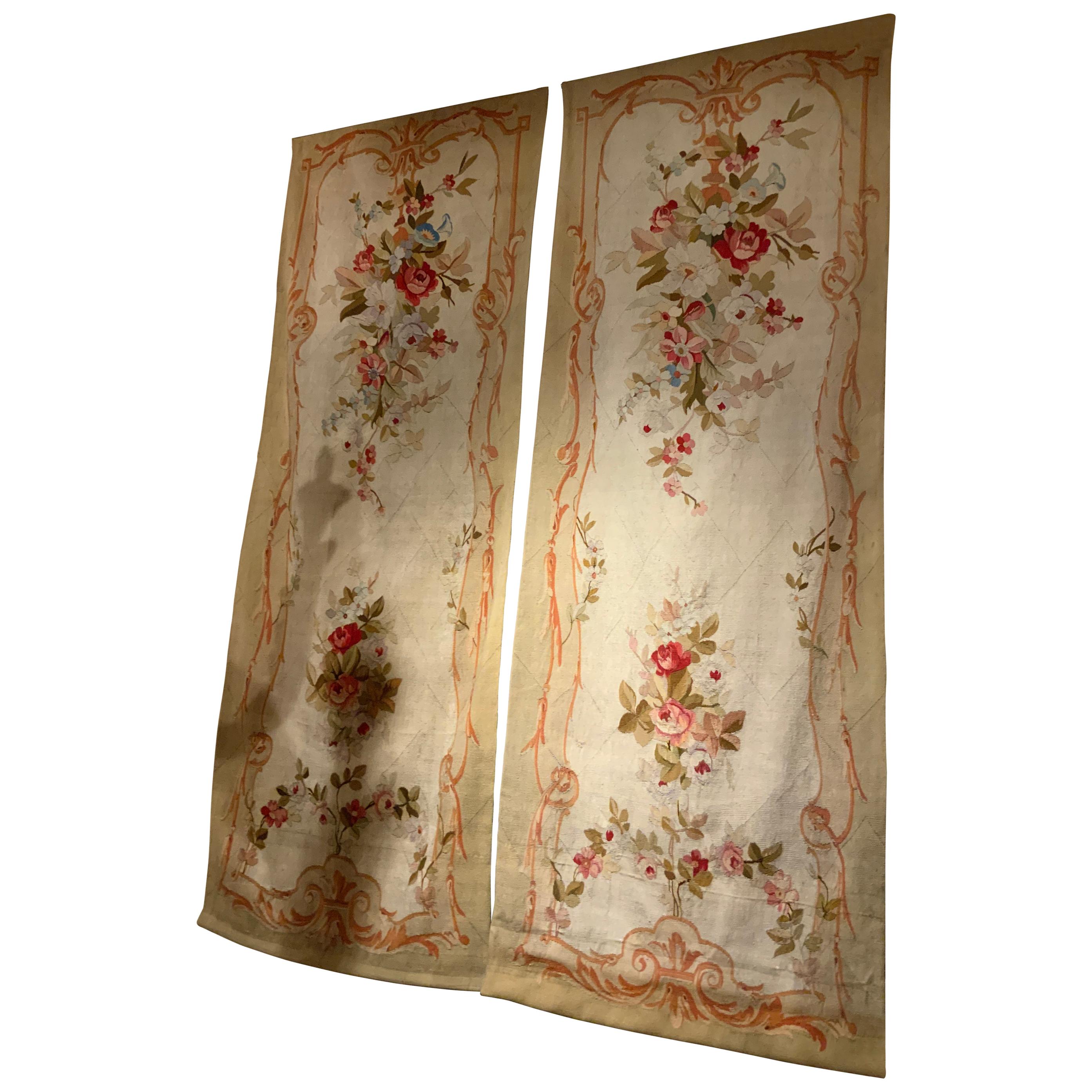 French Pair of Tall Aubusson Woven Tapestries, 19th Century Floral Design For Sale