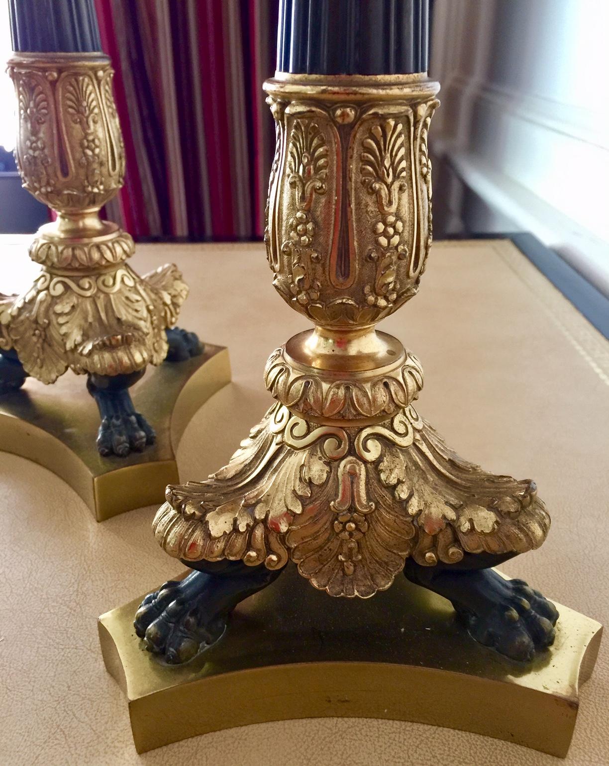 French Pair of Tall Bronze Neoclassical Empire Style Candlesticks In Excellent Condition In Montreal, Quebec