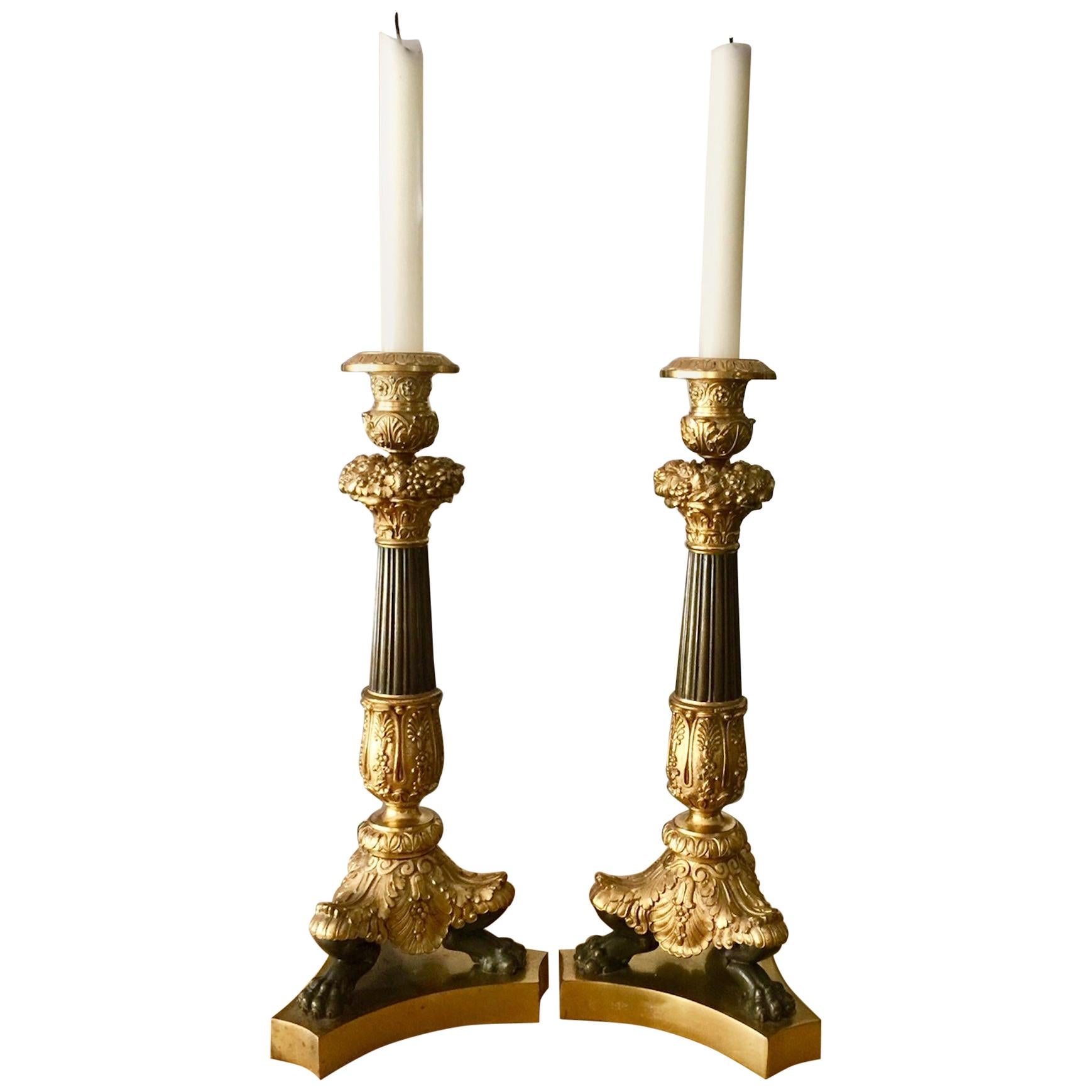 French Pair of Tall Bronze Neoclassical Empire Style Candlesticks