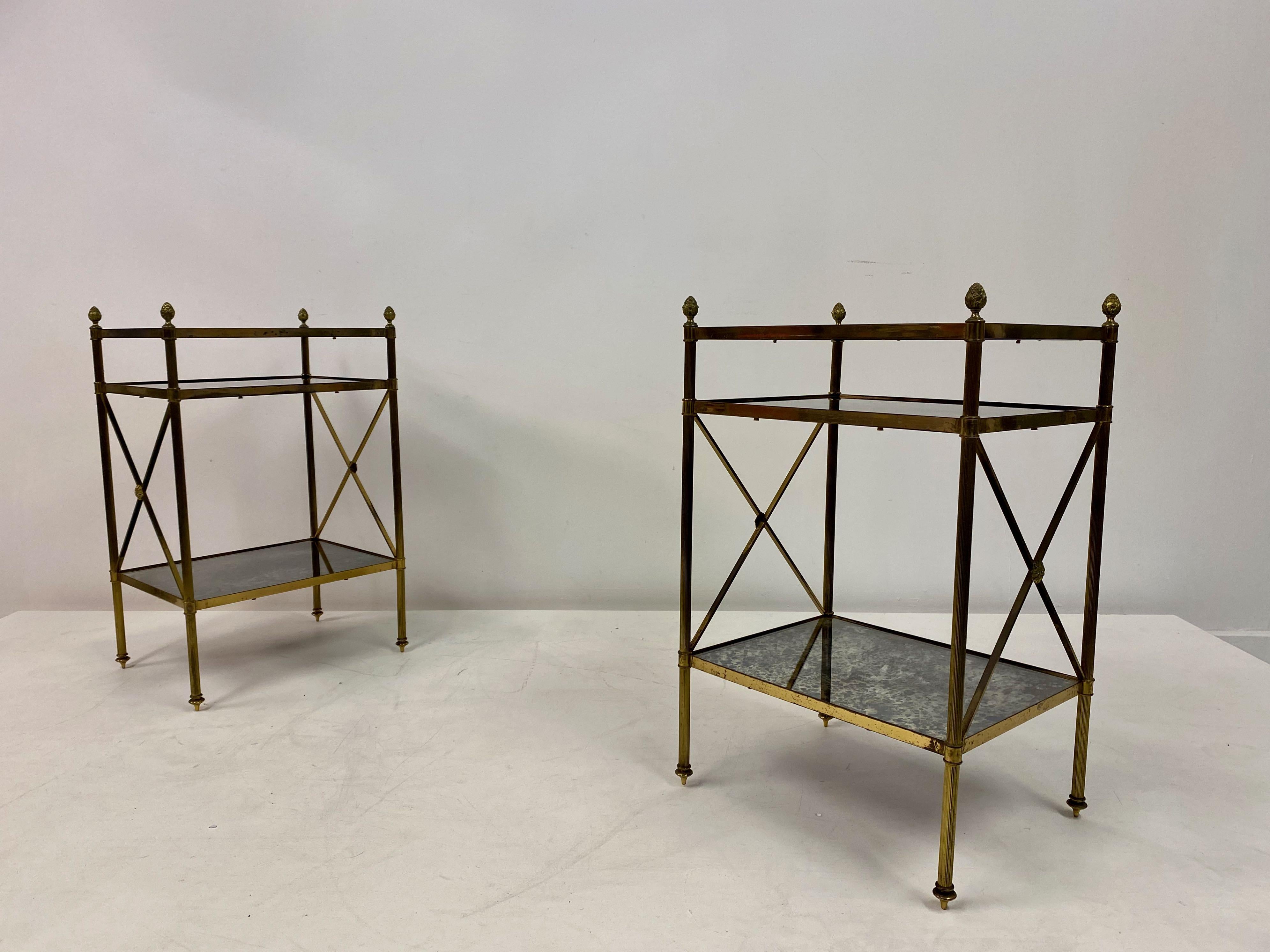 French Pair of Three Tier Brass and Églomisé Side Tables or Étagères 6