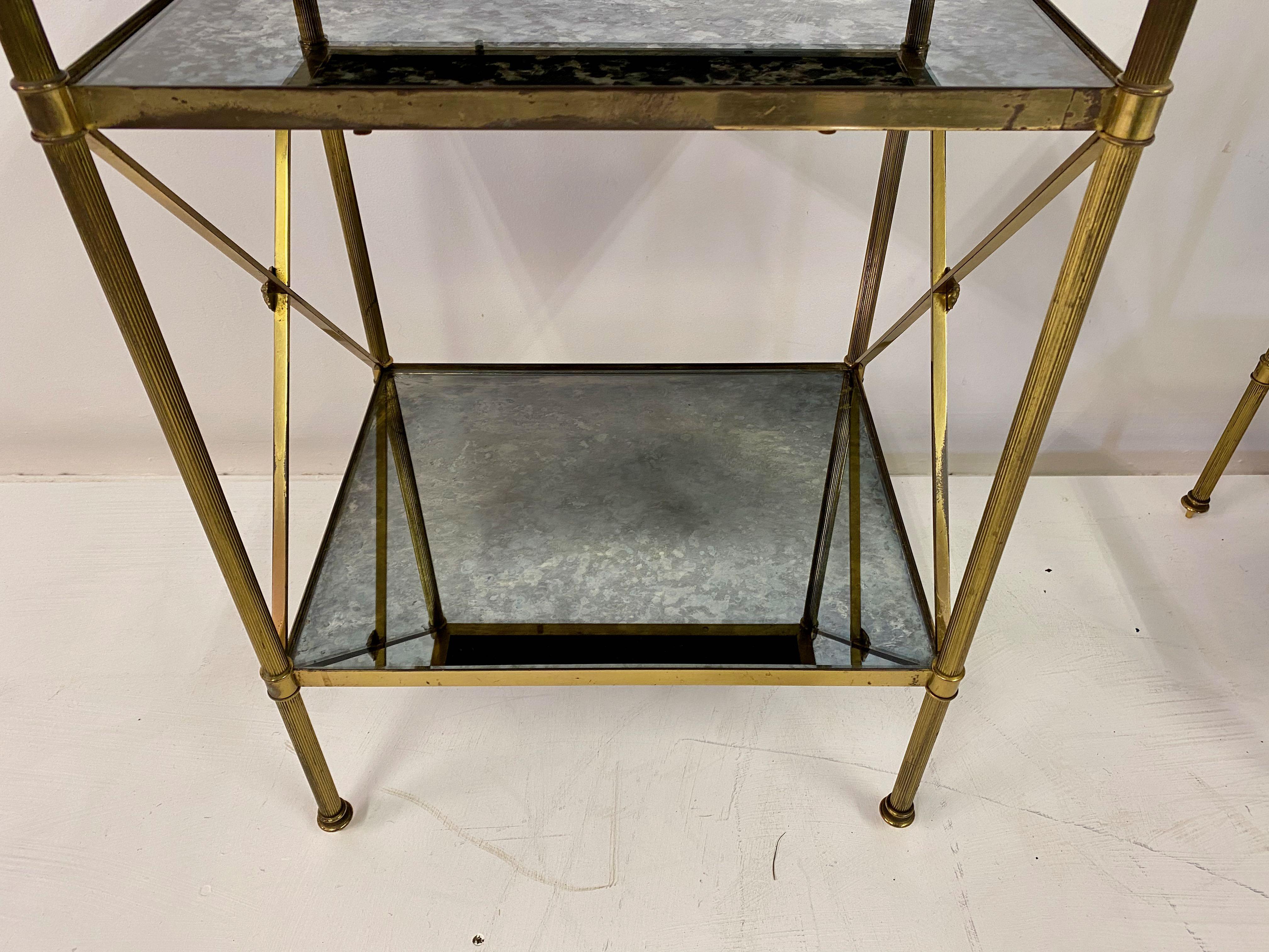 Hollywood Regency French Pair of Three Tier Brass and Églomisé Side Tables or Étagères