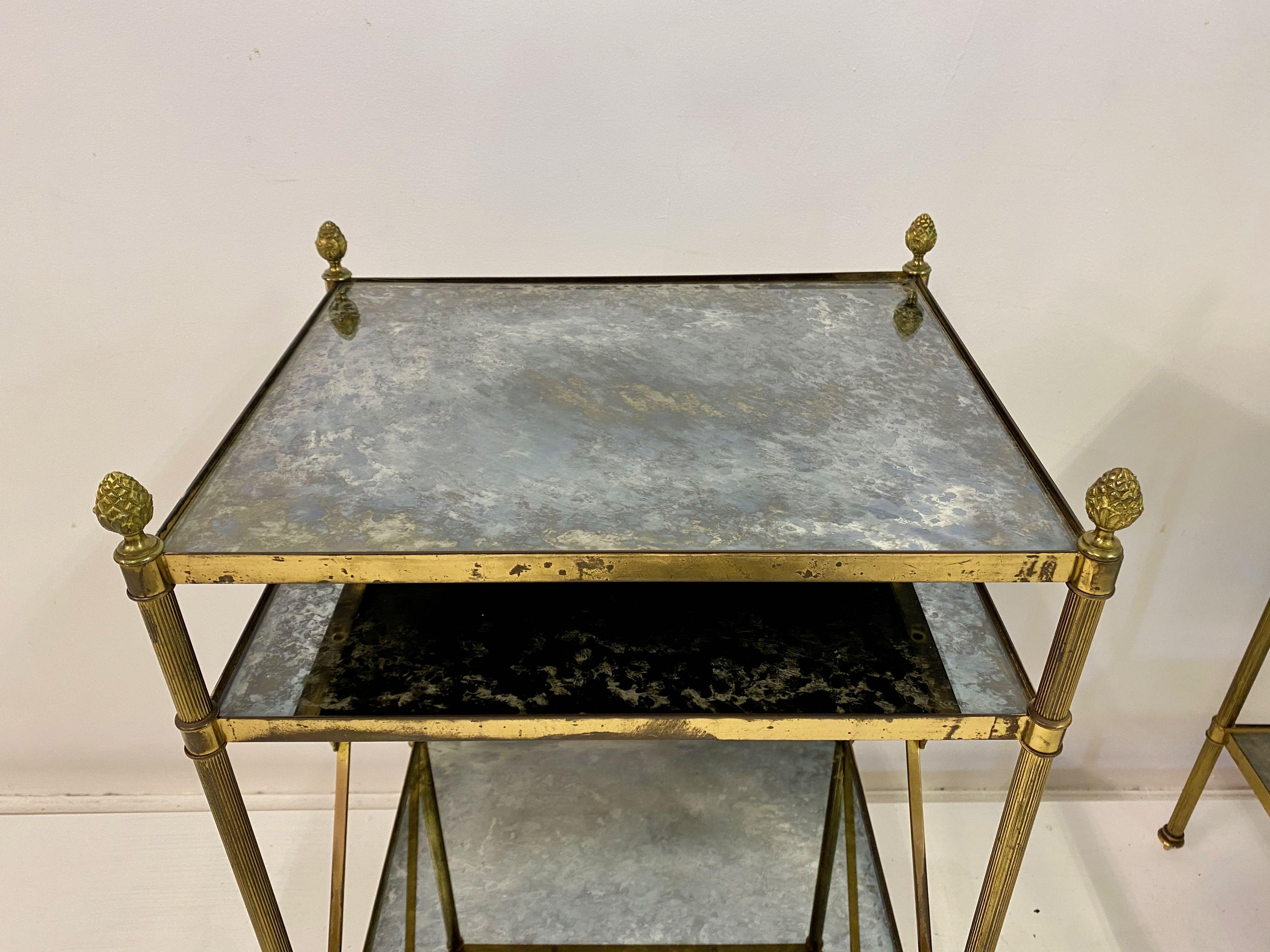 French Pair of Three Tier Brass and Églomisé Side Tables or Étagères In Good Condition In London, London