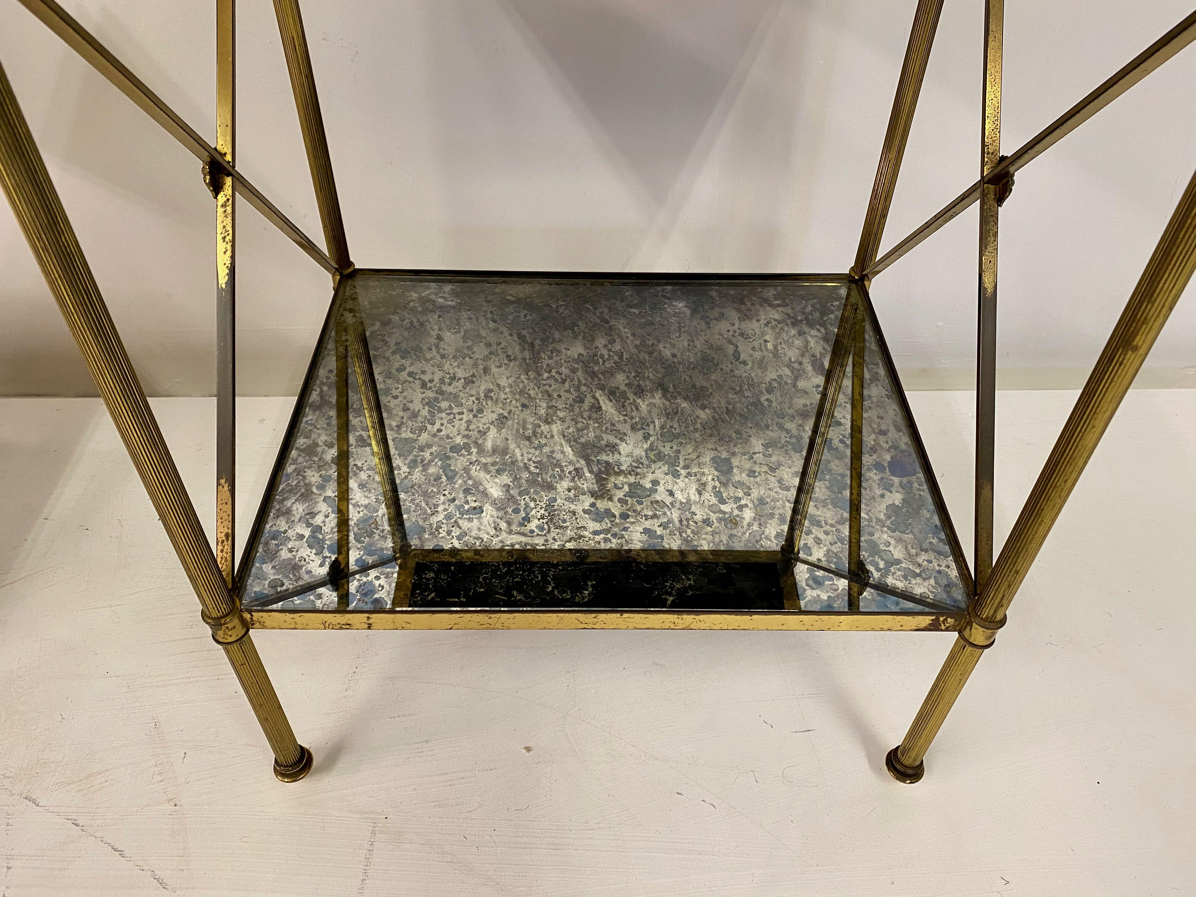 20th Century French Pair of Three Tier Brass and Églomisé Side Tables or Étagères