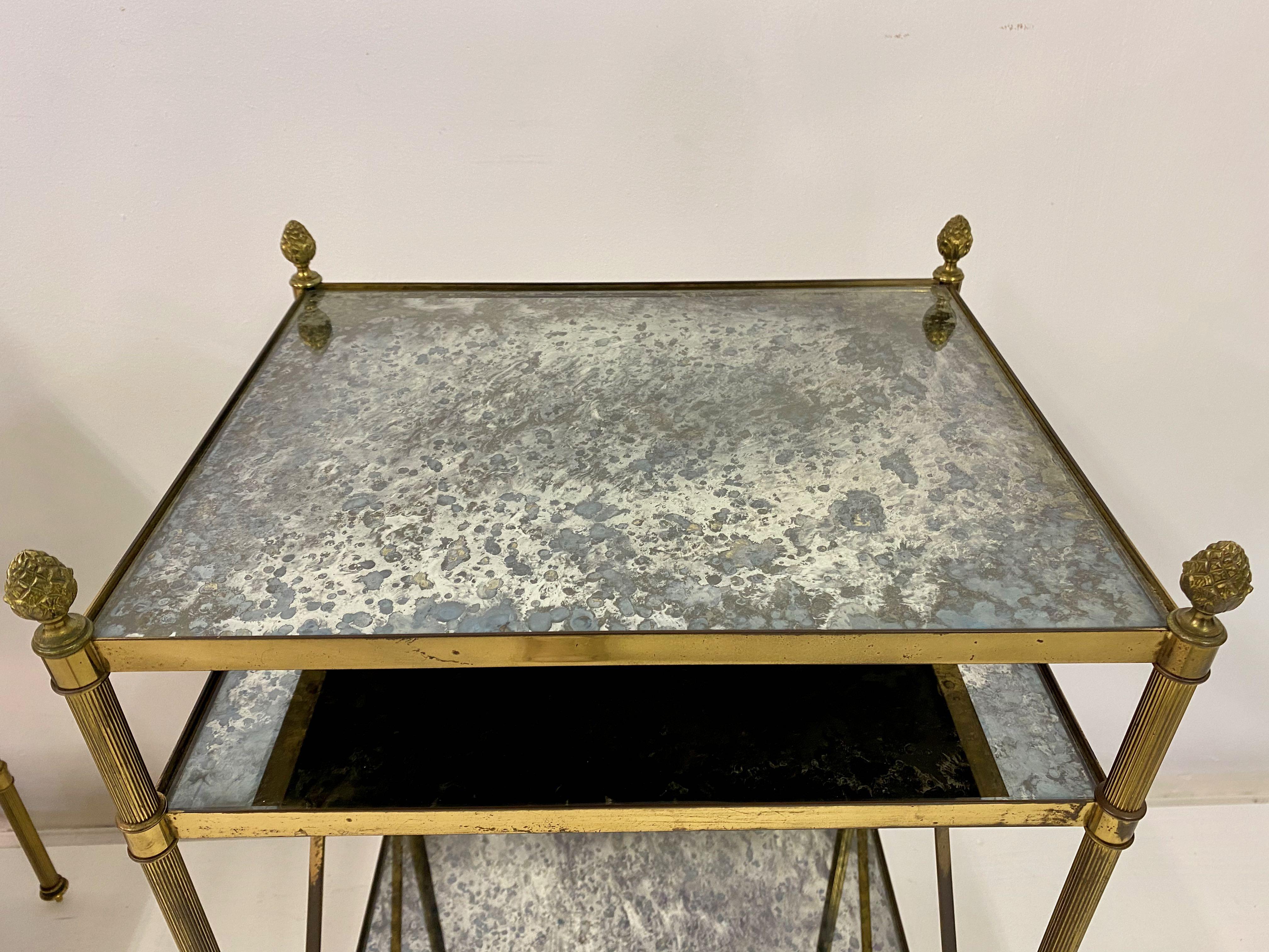 French Pair of Three Tier Brass and Églomisé Side Tables or Étagères 1