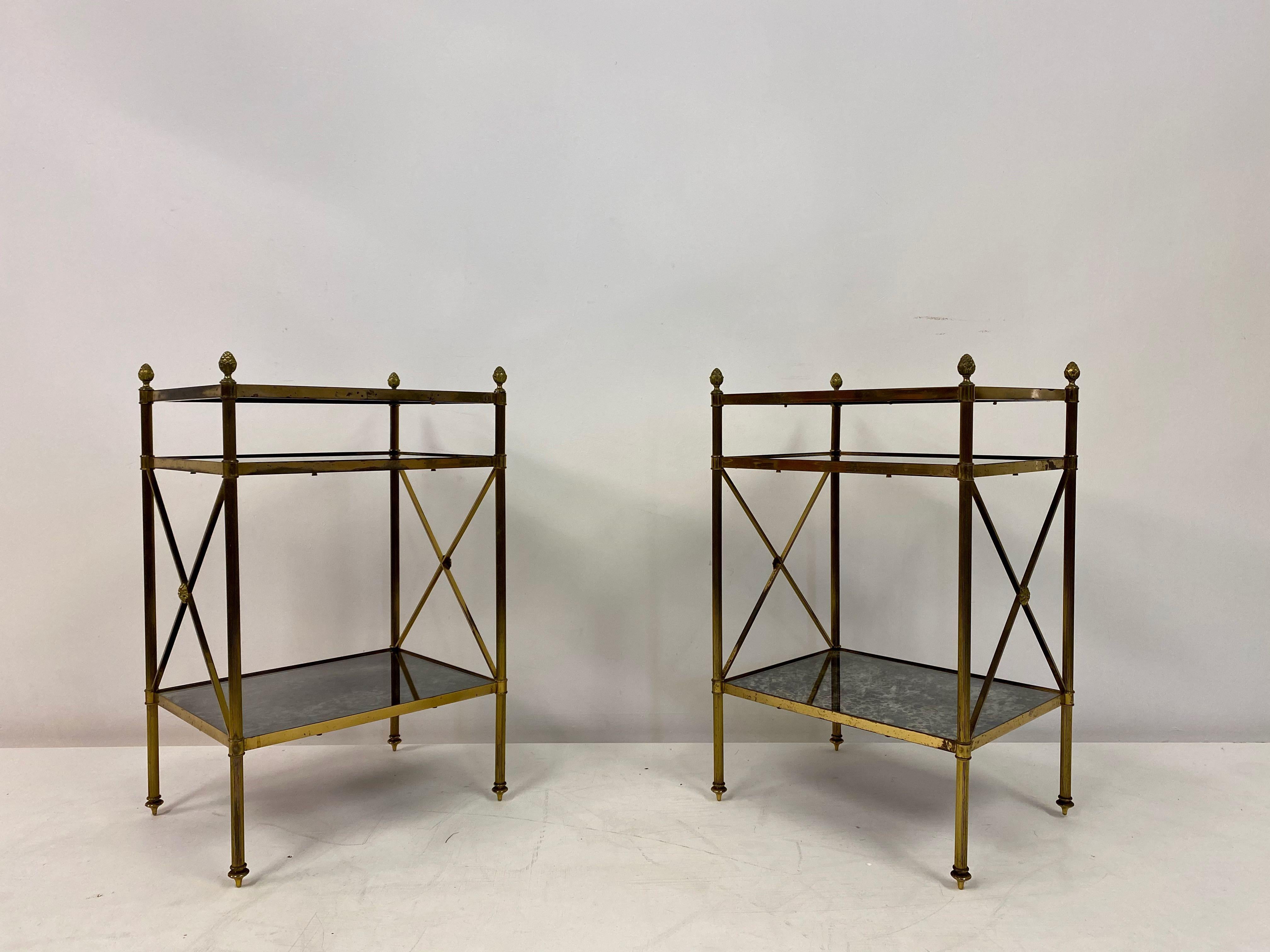 French Pair of Three Tier Brass and Églomisé Side Tables or Étagères 2