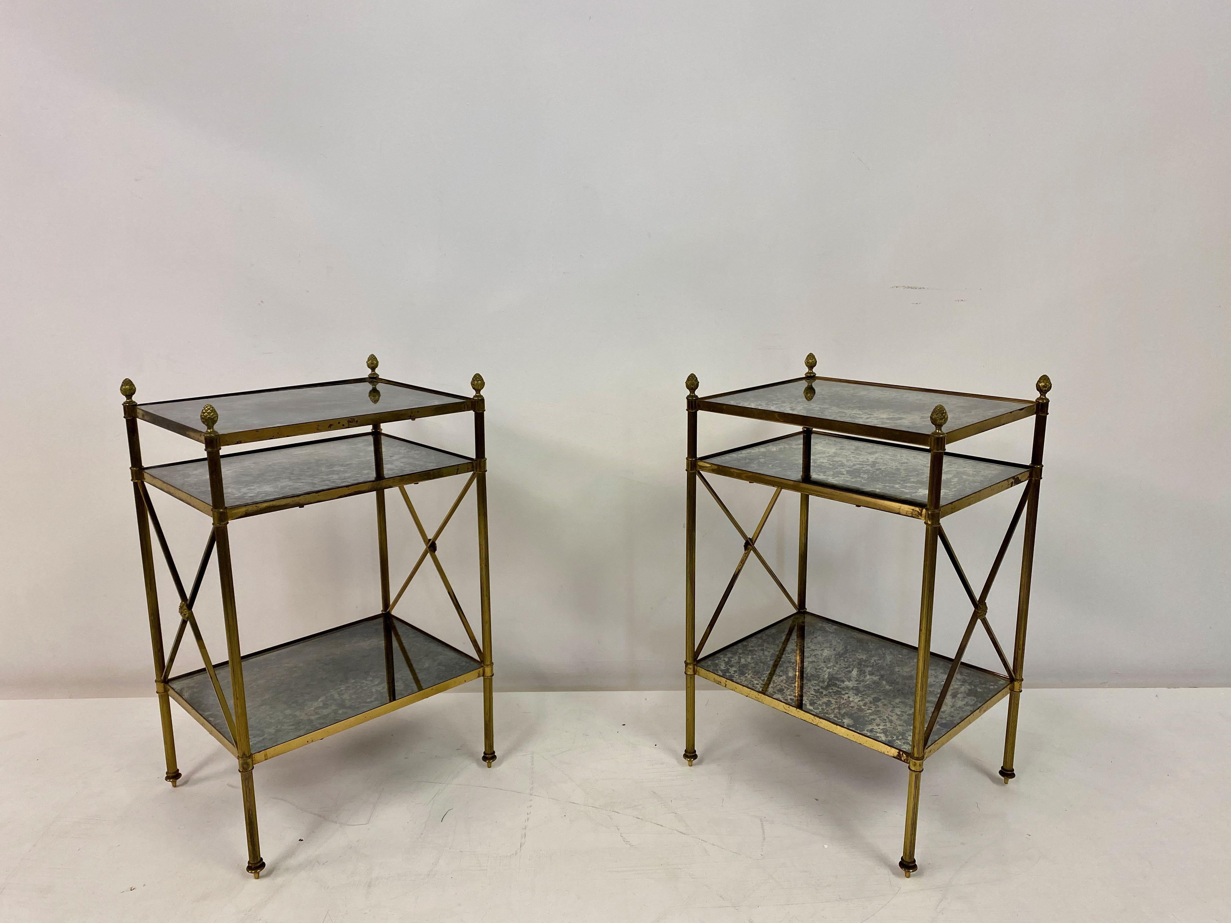 French Pair of Three Tier Brass and Églomisé Side Tables or Étagères 3