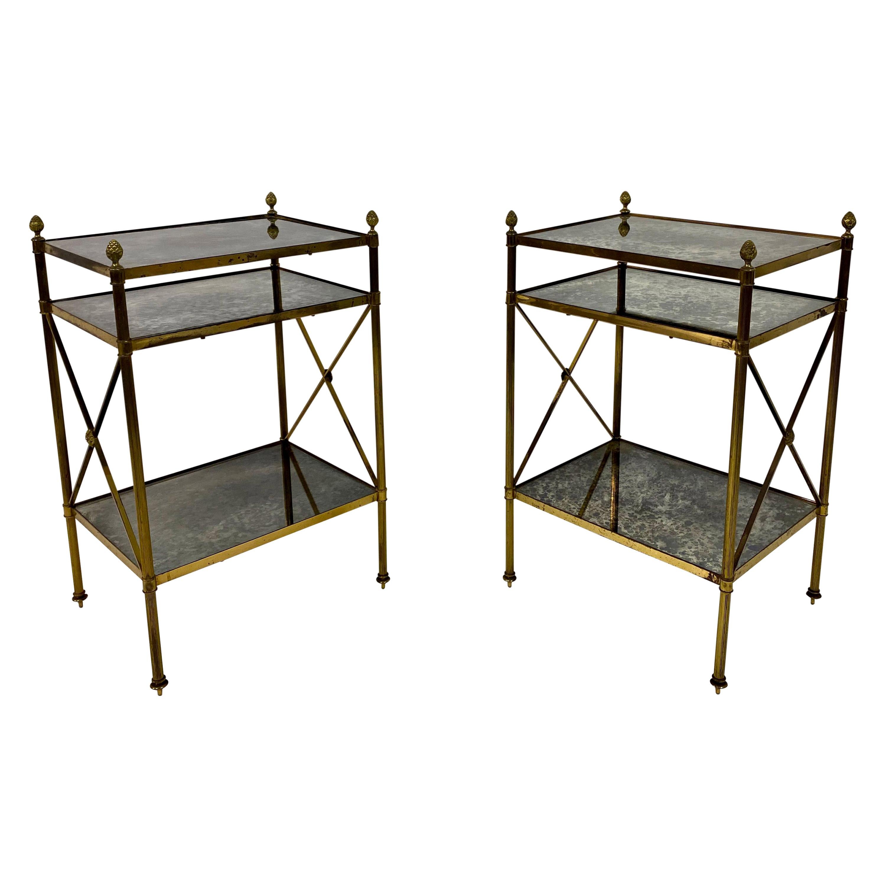 French Pair of Three Tier Brass and Églomisé Side Tables or Étagères