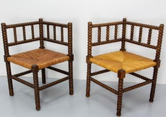 French Pair of Turned & Straw Beech Chairs, circa 1940