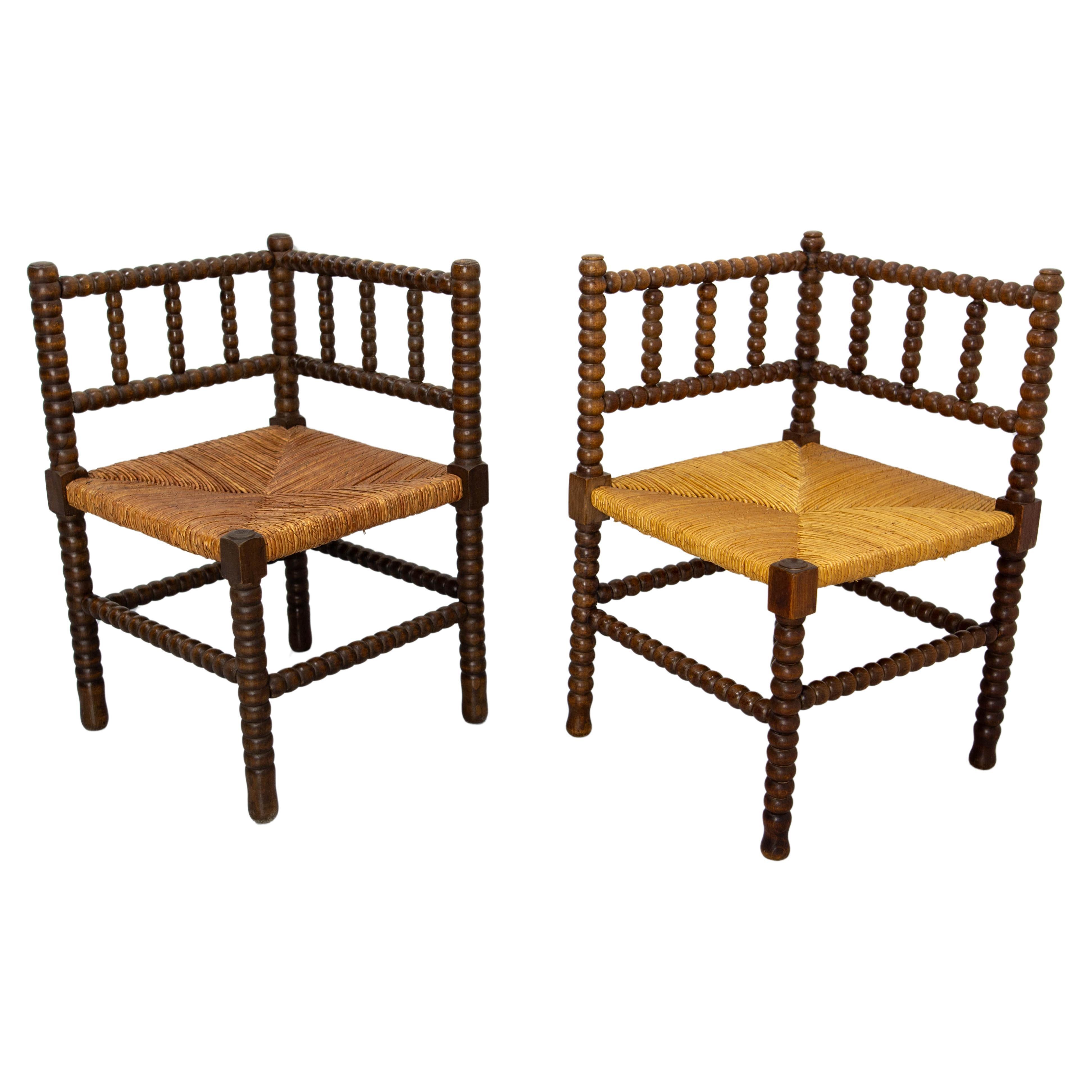 French Pair of Turned & Straw Beech Chairs, circa 1940 For Sale