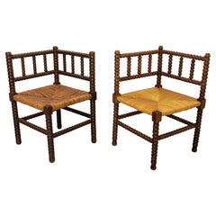 French Pair of Turned & Straw Beech Chairs, circa 1940