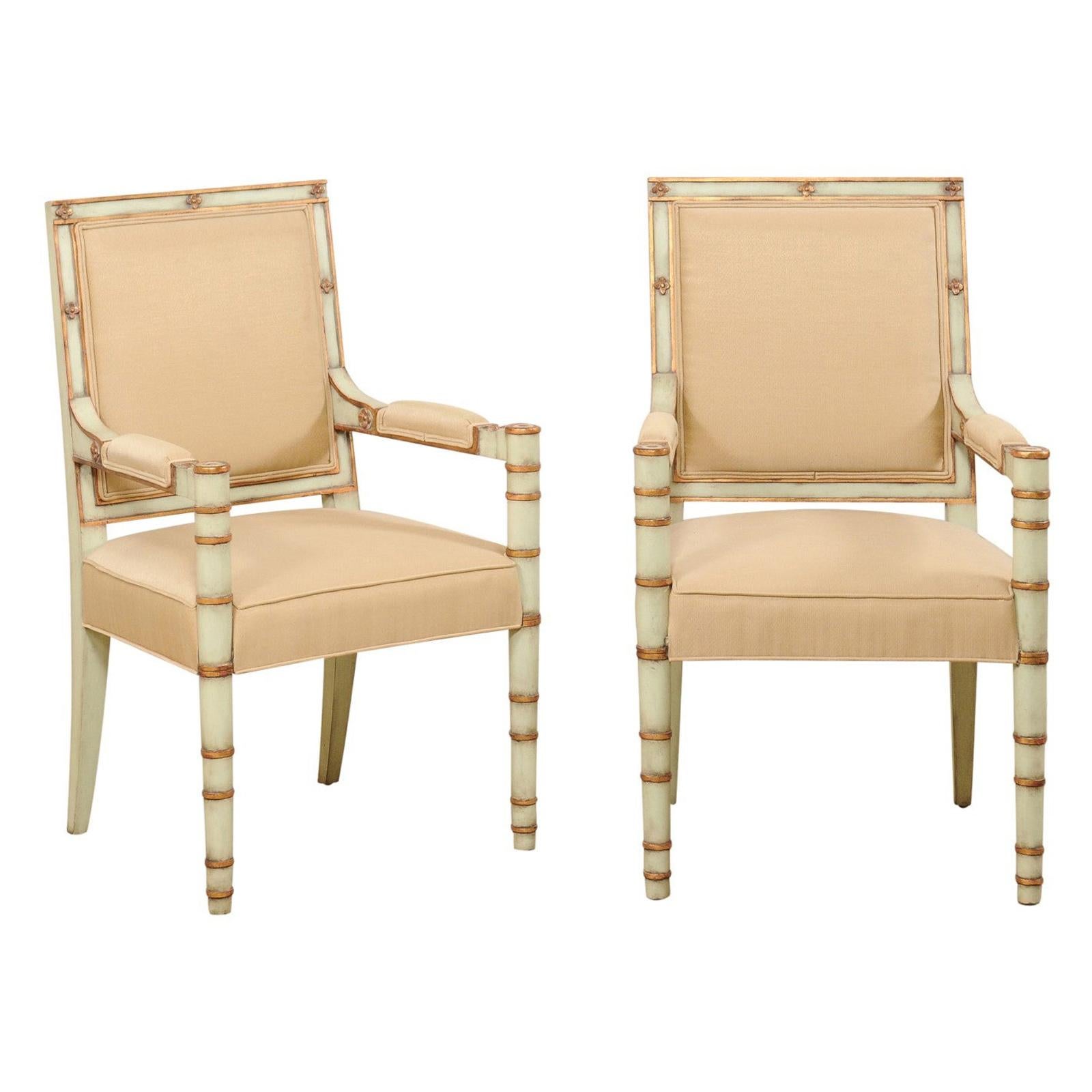 French Pair of Vintage Accent Chairs with Neoclassical Design Influences