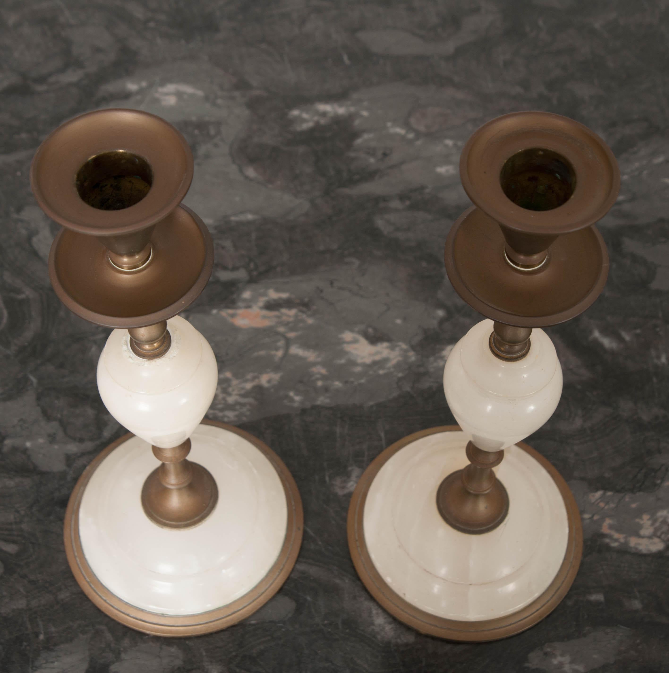 Other French Pair of Vintage Brass and Alabaster Candlesticks