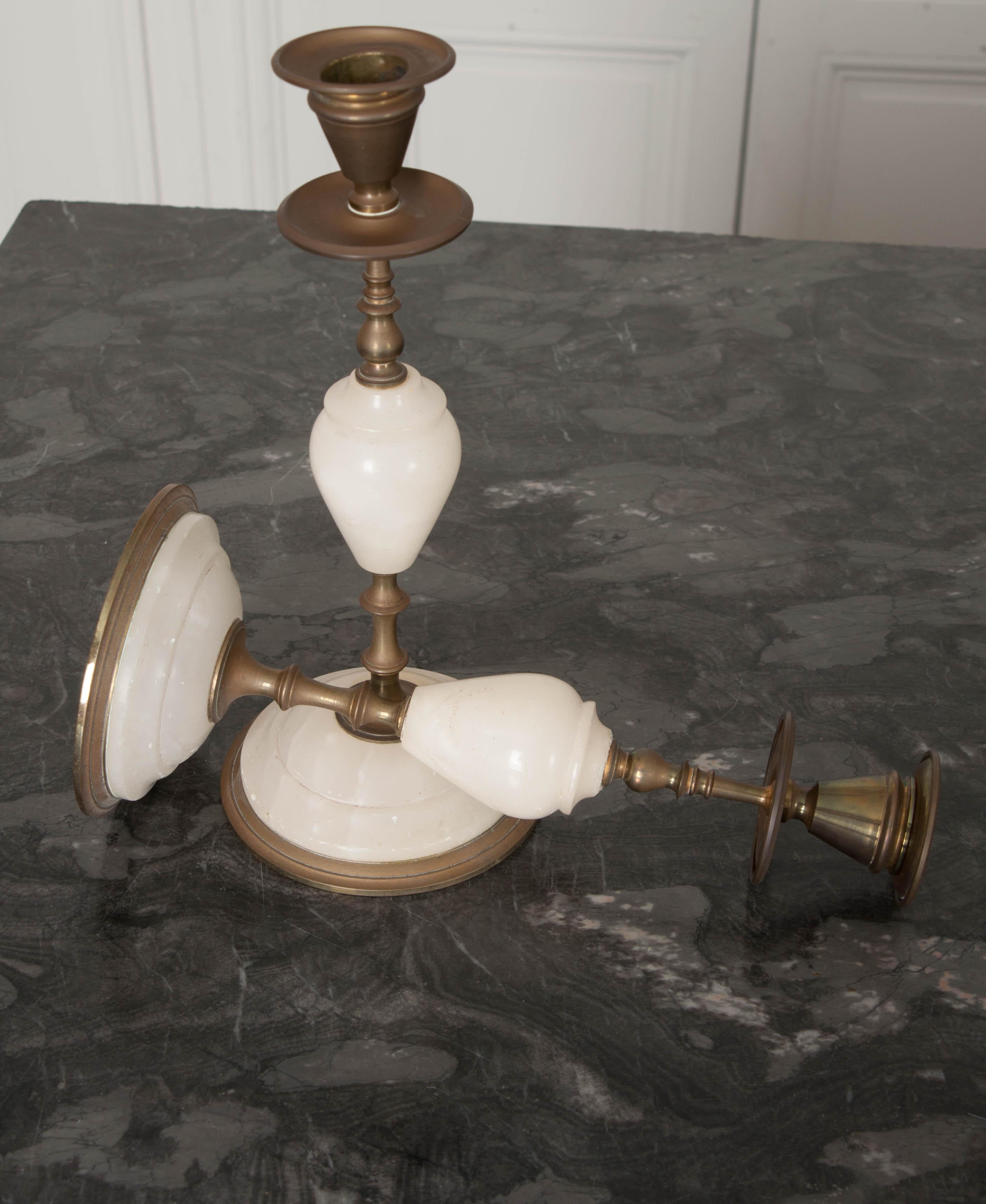 French Pair of Vintage Brass and Alabaster Candlesticks In Good Condition In Baton Rouge, LA