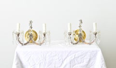 French Pair of Vintage Brass and Crystal Wall Sconces