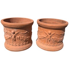 French Pair of Vintage Terracotta Planters Pots with Swags and Putti