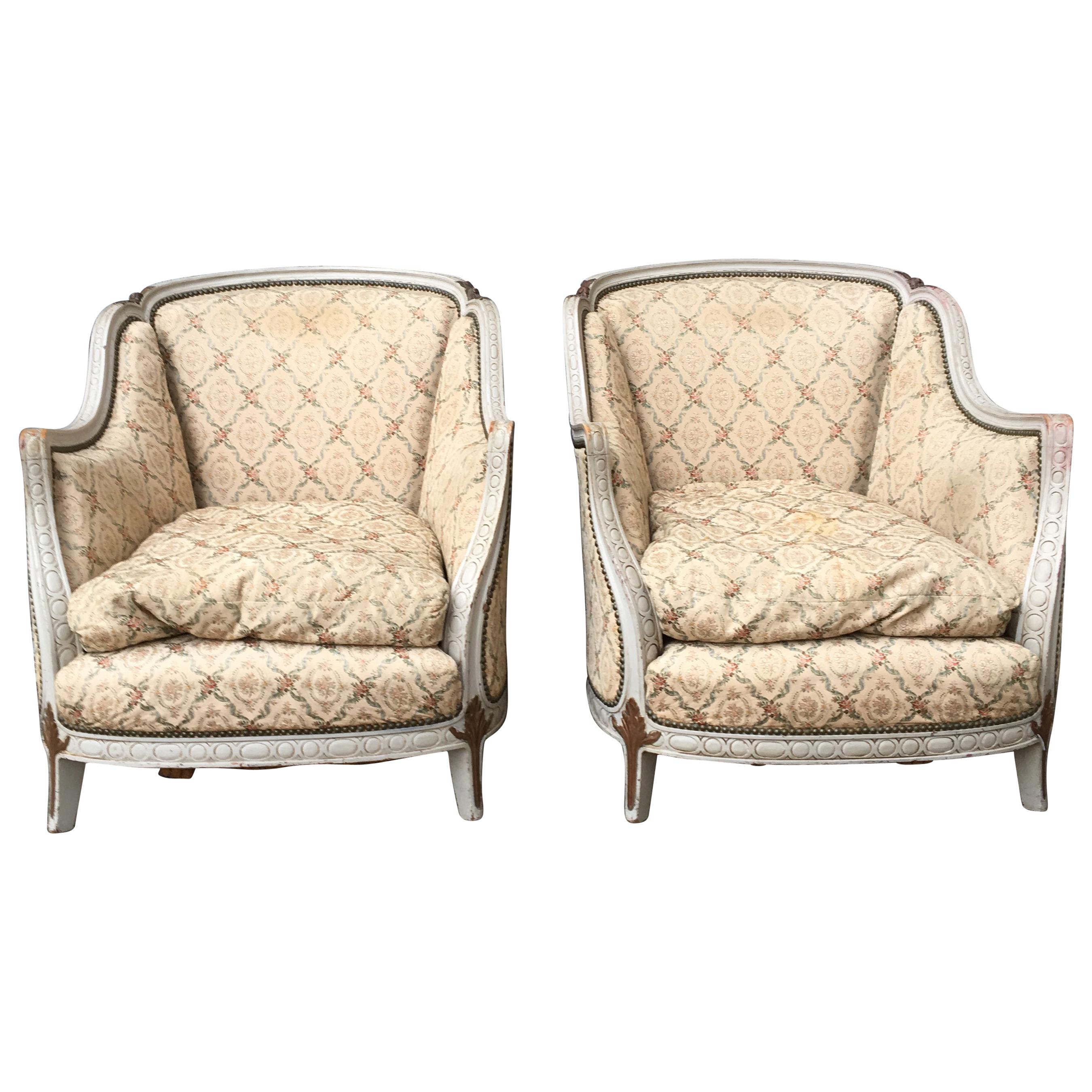 French Pair of White Painted Rococo Bergère Armchairs