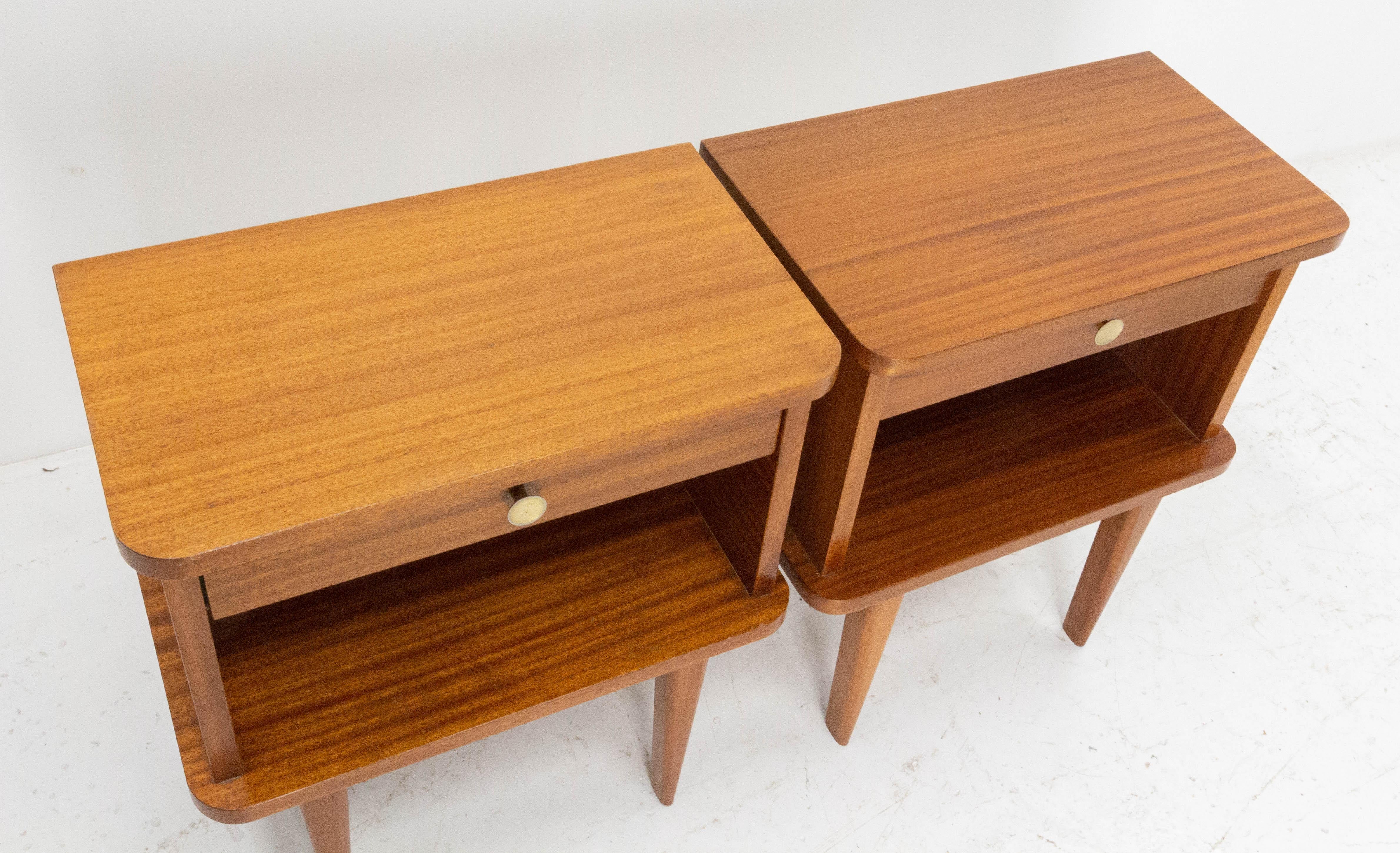 Mid-Century Modern French Pair of Wood Nightstands Side Cabinets Bedside Tables, circa 1960