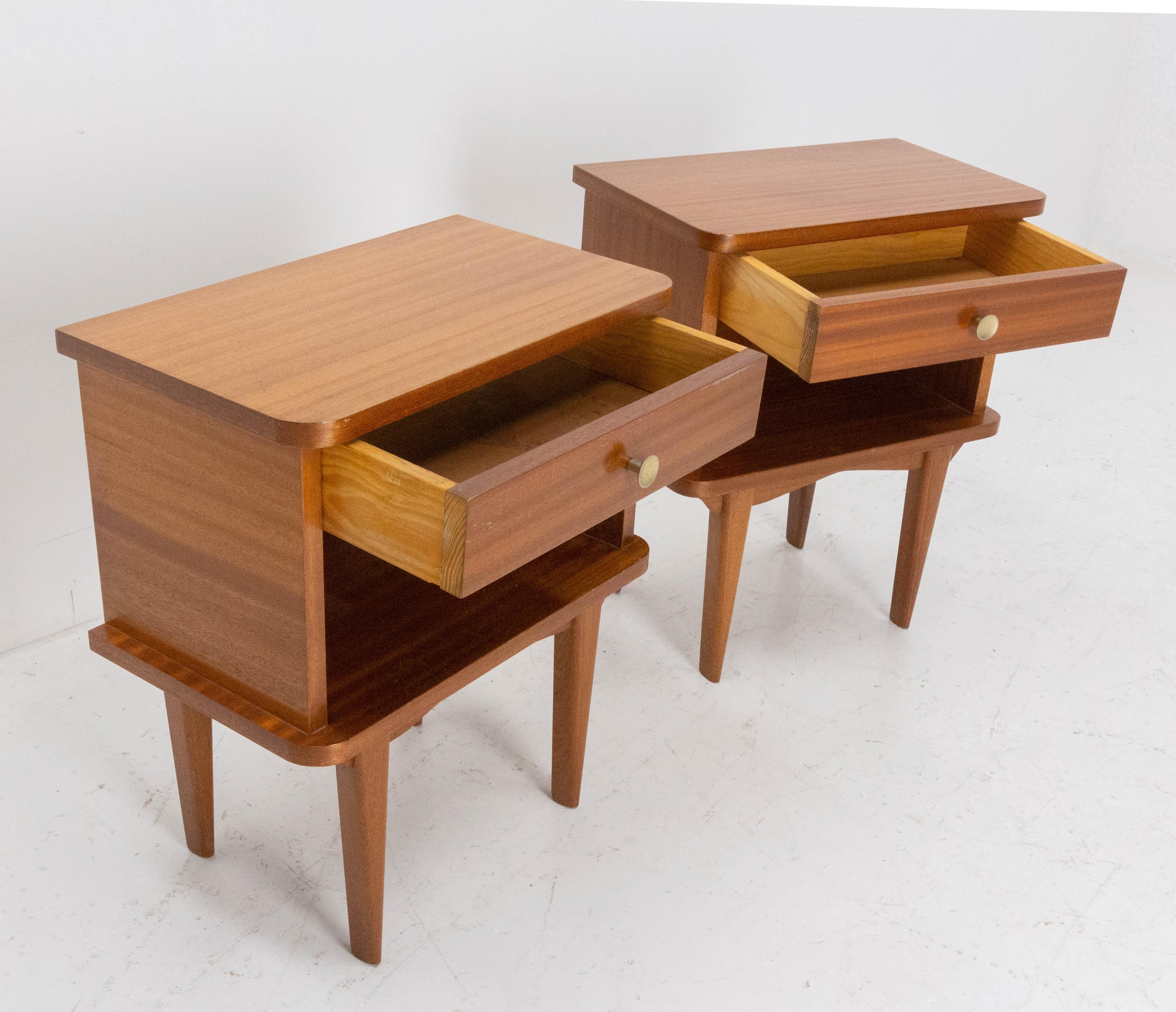 French Pair of Wood Nightstands Side Cabinets Bedside Tables, circa 1960 In Good Condition In Labrit, Landes