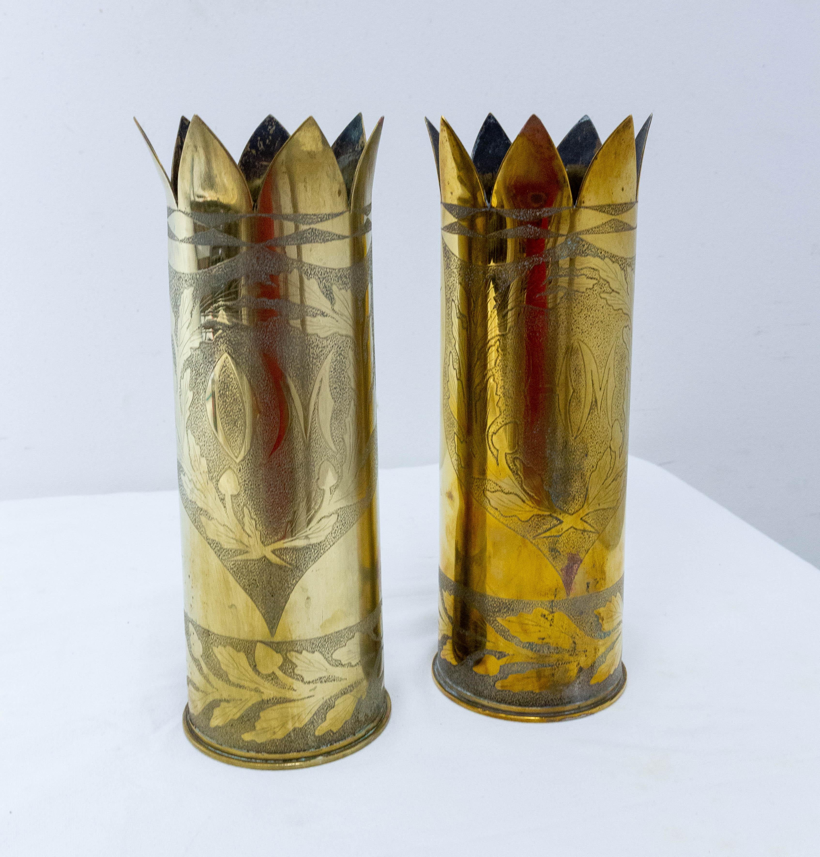 French Provincial French Pair of World War I Brass Engraved Shell Casings Trench Artillery, French For Sale
